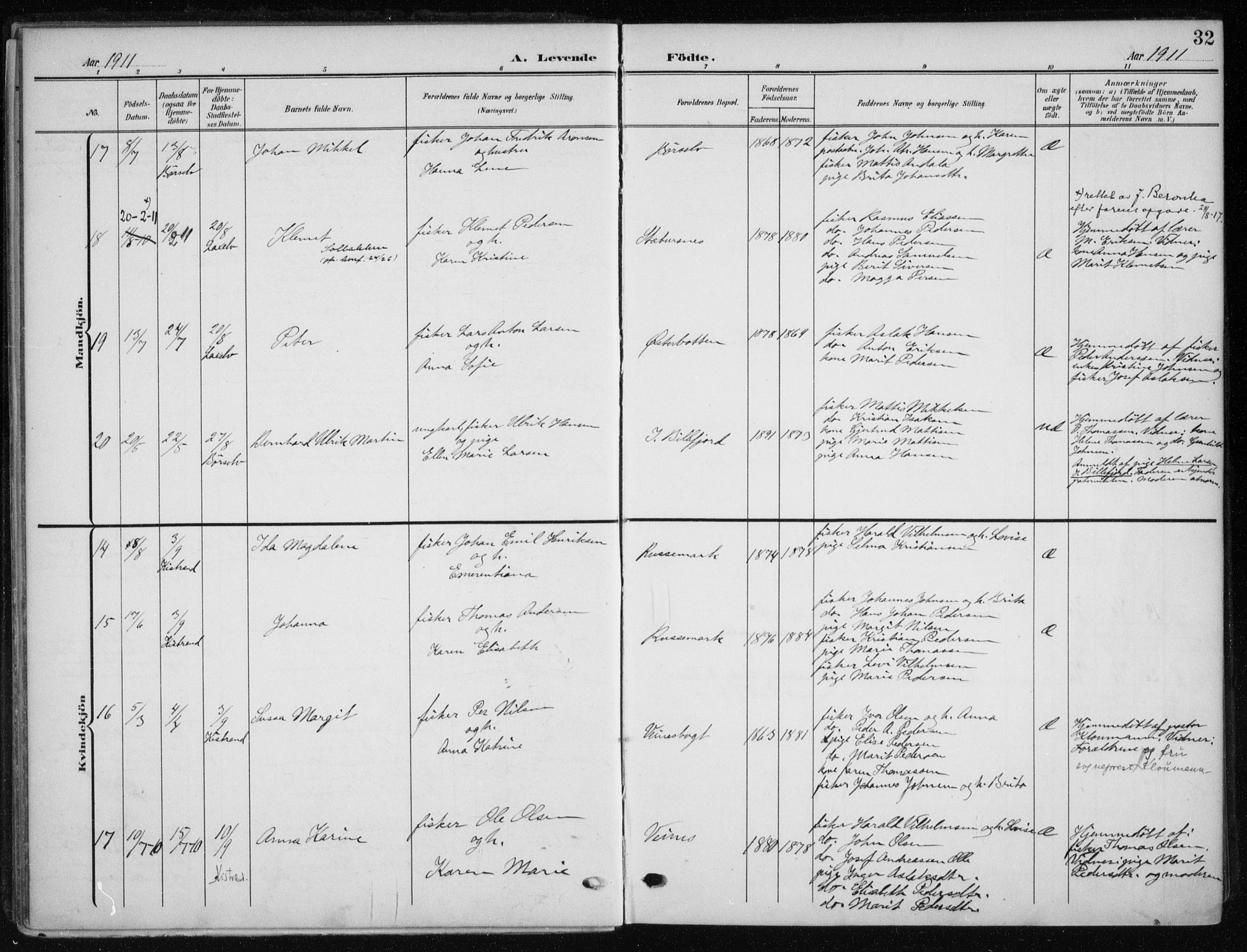 Kistrand/Porsanger sokneprestembete, SATØ/S-1351/H/Ha/L0014.kirke: Parish register (official) no. 14, 1908-1917, p. 32