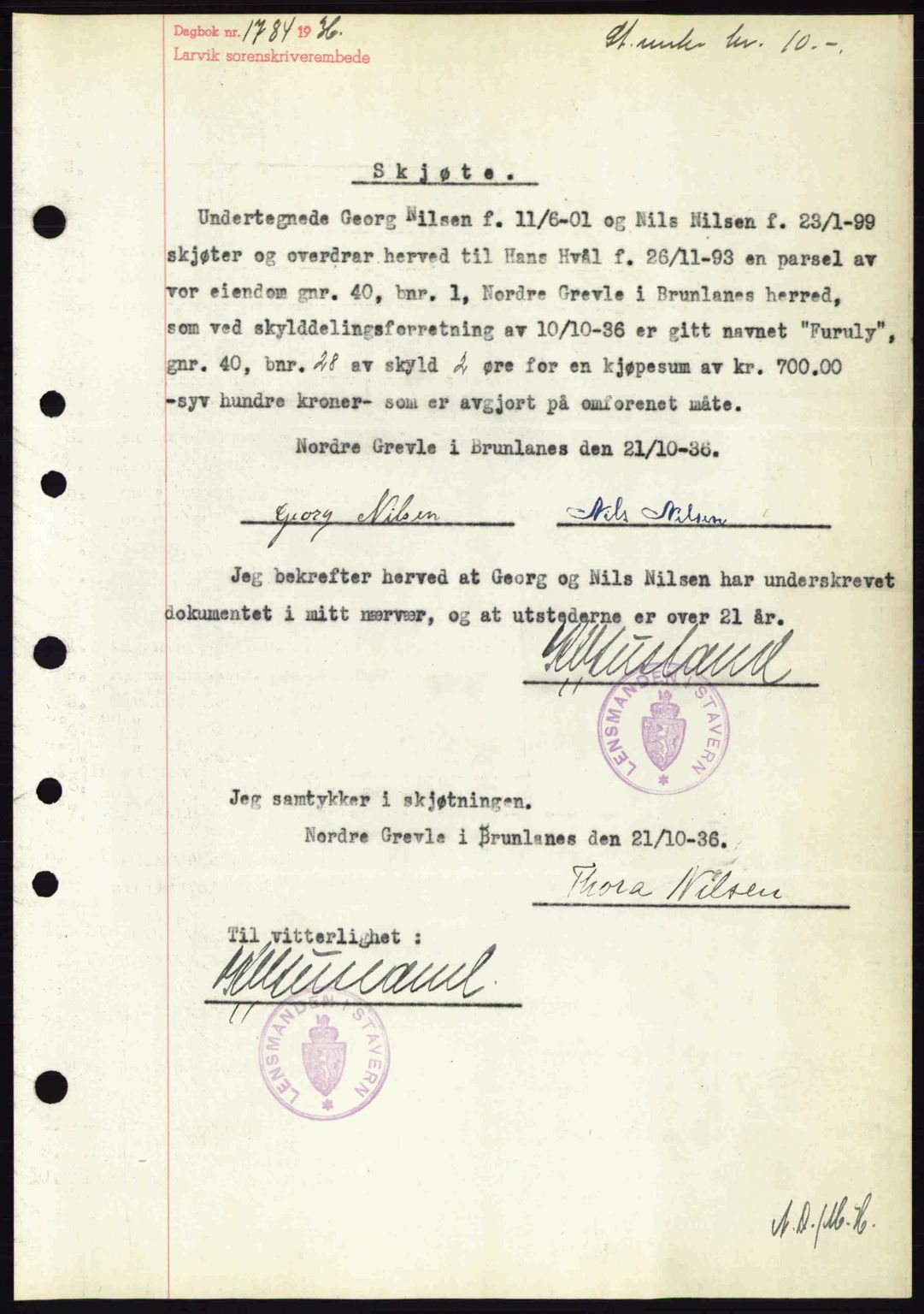 Larvik sorenskriveri, SAKO/A-83/G/Ga/Gab/L0067: Mortgage book no. A-1, 1936-1937, Diary no: : 1784/1936