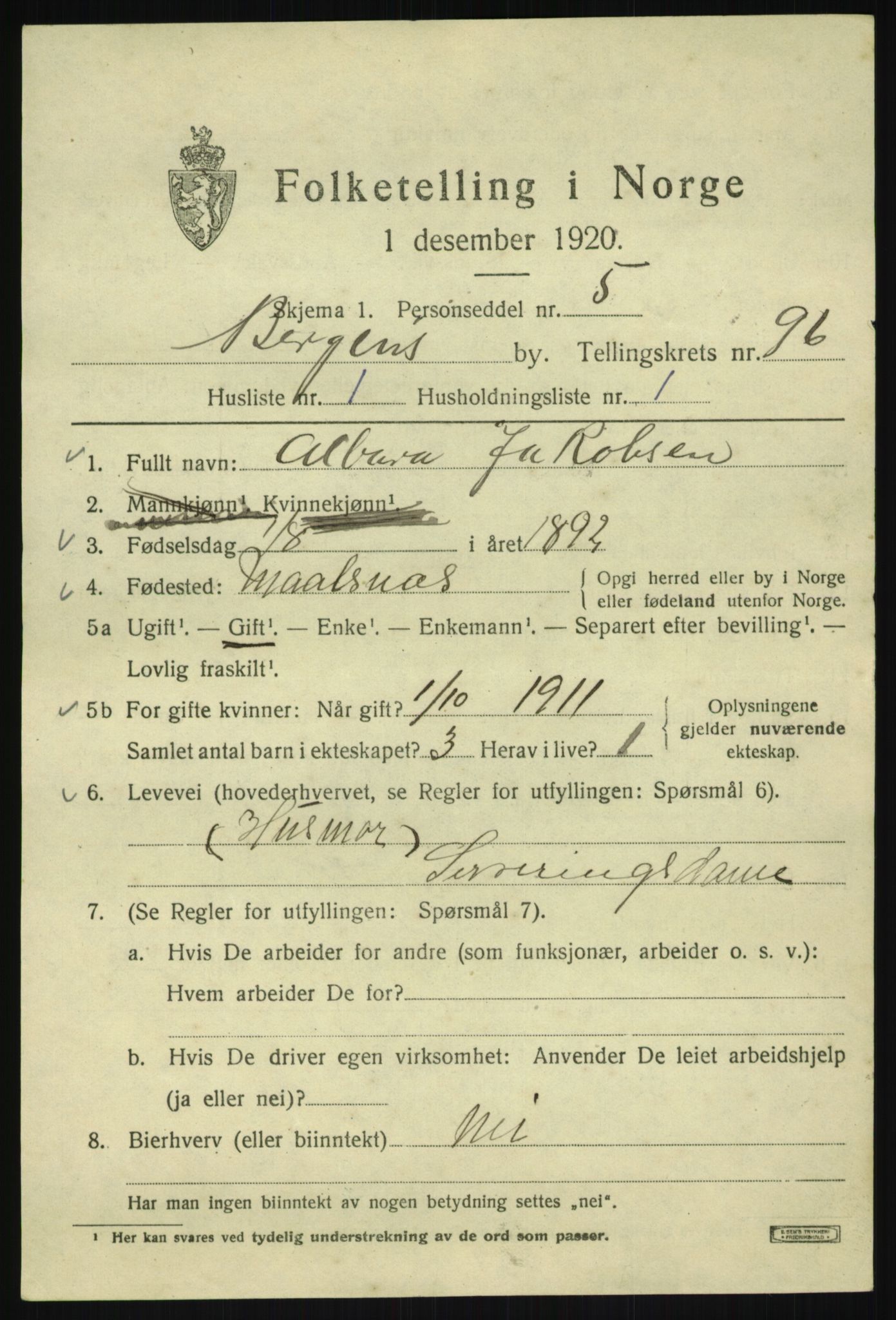 SAB, 1920 census for Bergen, 1920, p. 169890