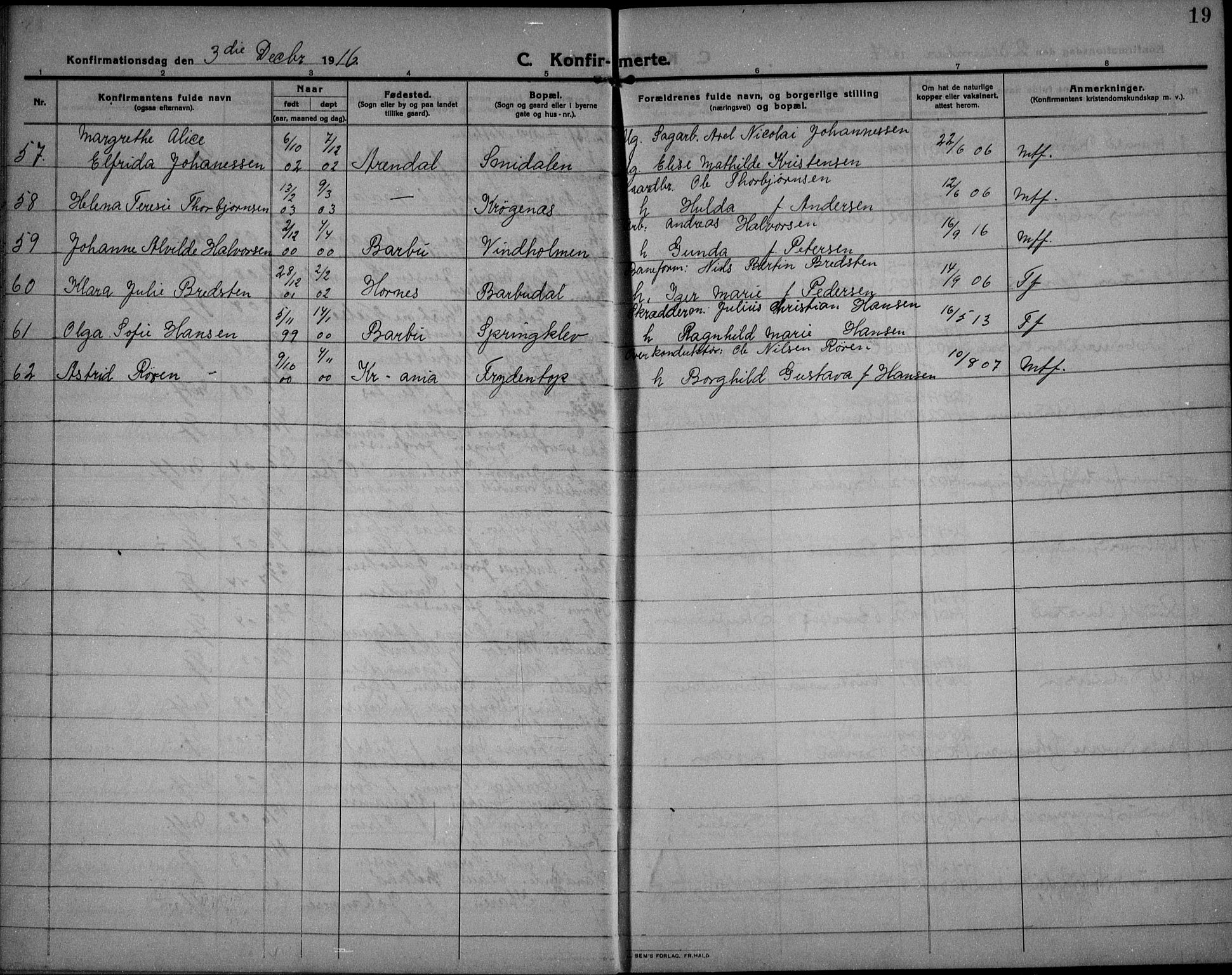 Barbu sokneprestkontor, AV/SAK-1111-0003/F/Fb/L0004: Parish register (copy) no. B 4, 1911-1936, p. 19