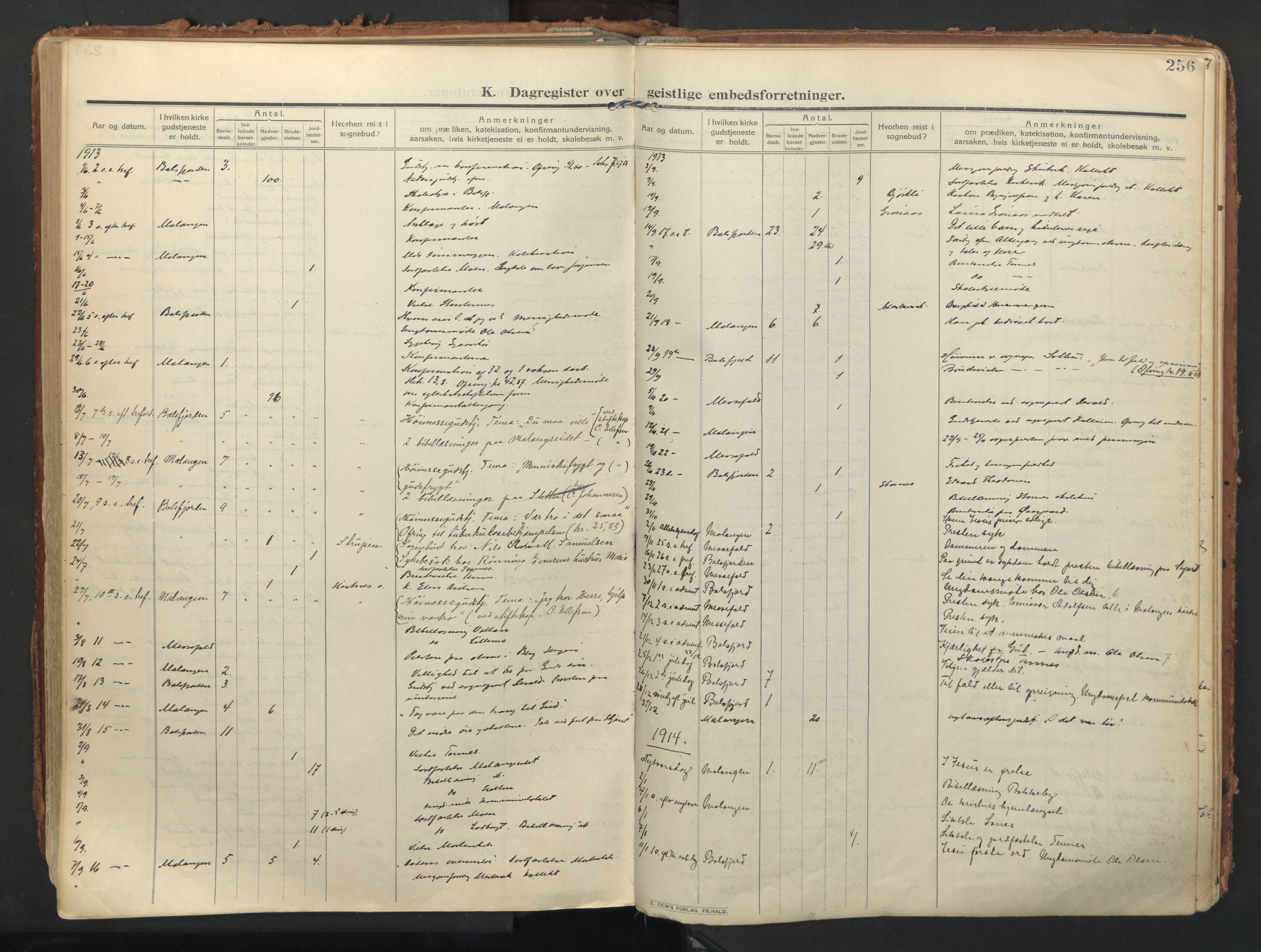 Balsfjord sokneprestembete, AV/SATØ-S-1303/G/Ga/L0009kirke: Parish register (official) no. 9, 1909-1921, p. 256