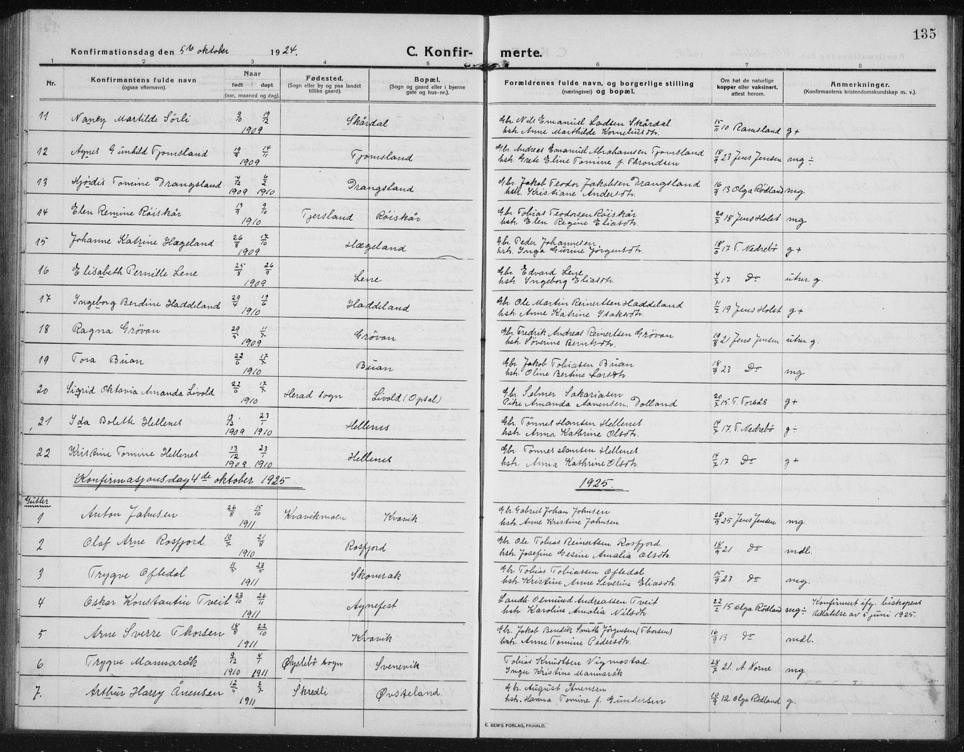 Lyngdal sokneprestkontor, AV/SAK-1111-0029/F/Fb/Fbc/L0006: Parish register (copy) no. B 6, 1914-1934, p. 135