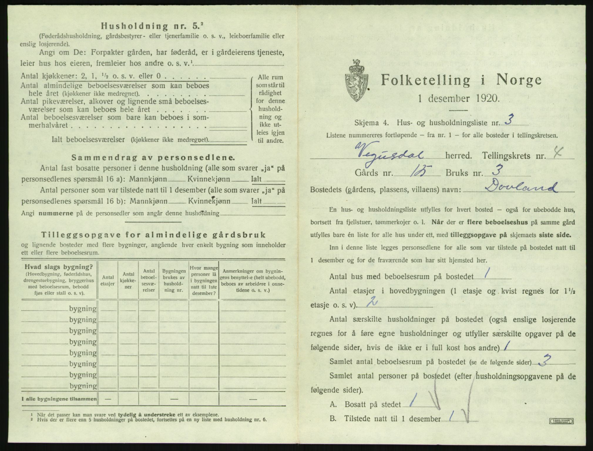 SAK, 1920 census for Vegusdal, 1920, p. 169