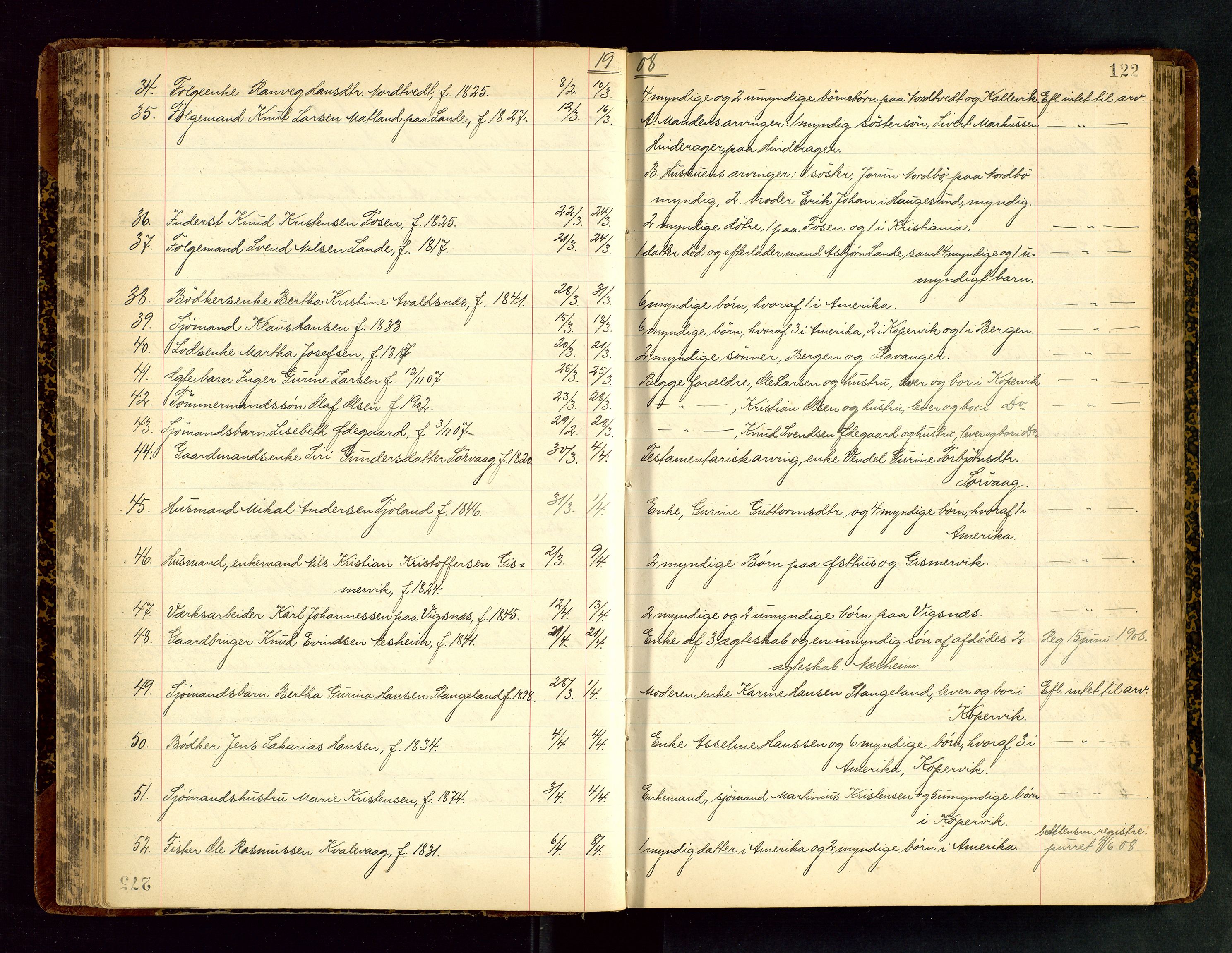 Karmsund sorenskriveri, AV/SAST-A-100311/01/IV/IVAB/L0004: DØDSFALLSPROTOKOLL, 1905-1911, p. 122