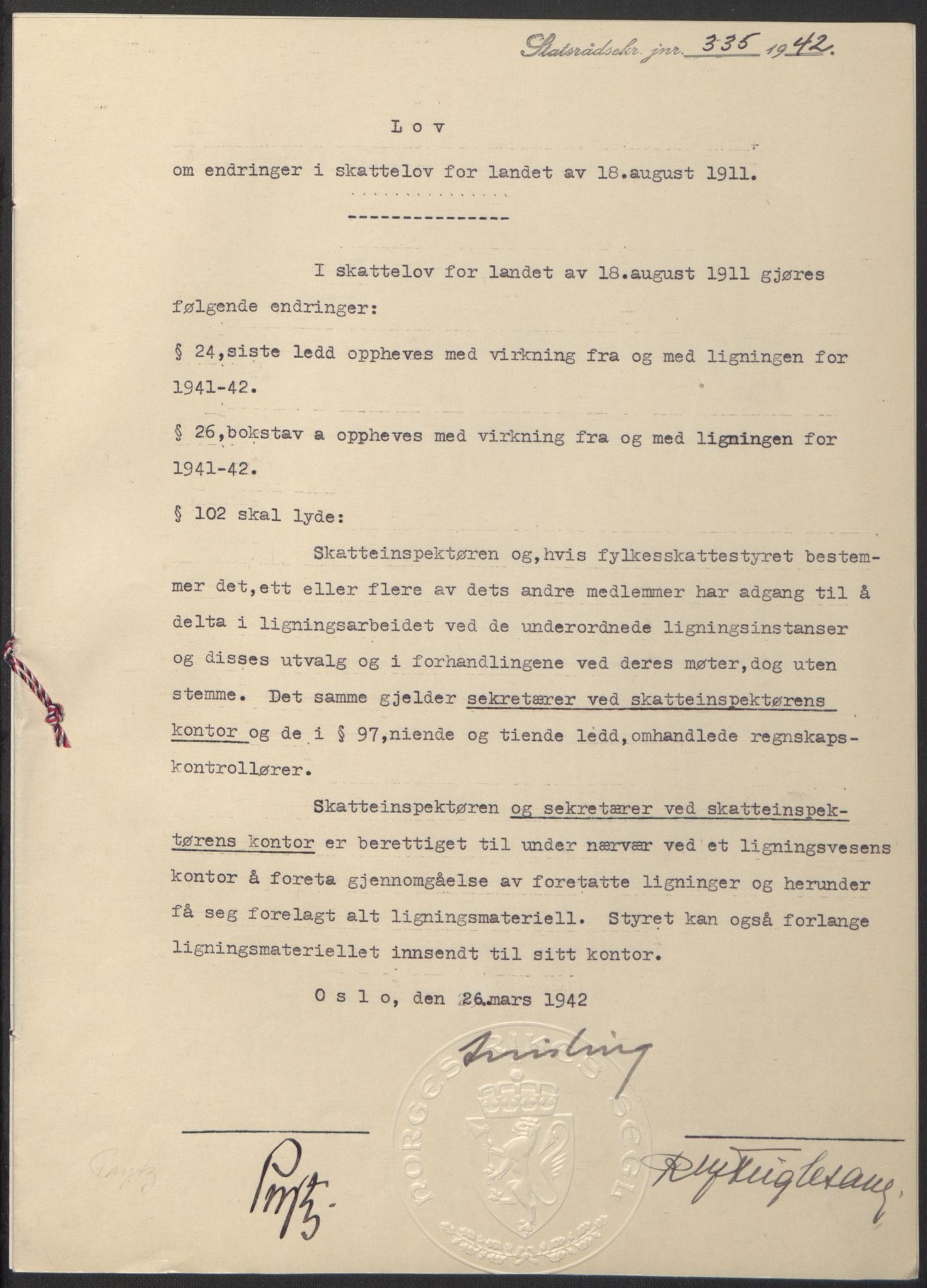NS-administrasjonen 1940-1945 (Statsrådsekretariatet, de kommisariske statsråder mm), RA/S-4279/D/Db/L0097: Lover I, 1942, p. 241