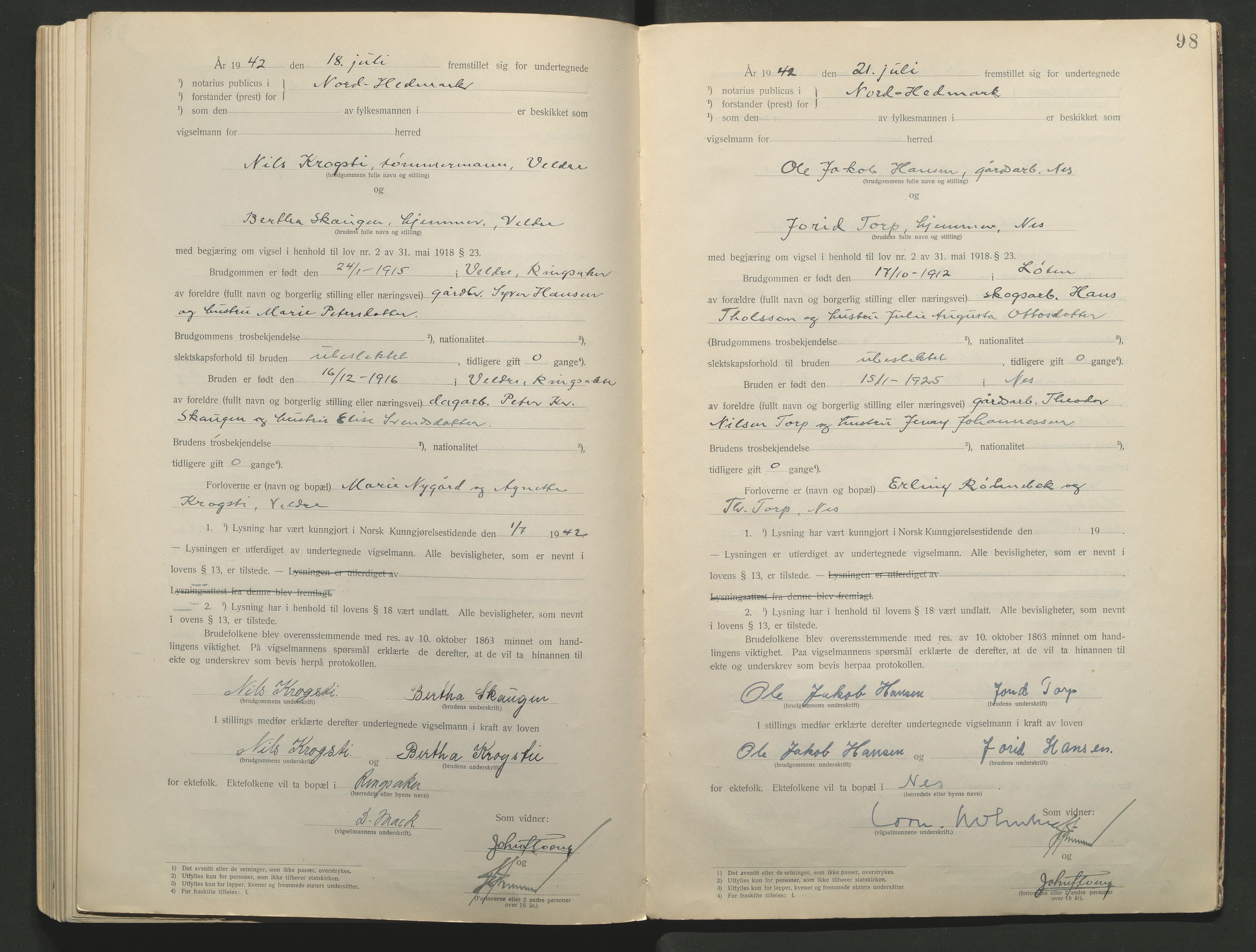 Nord-Hedmark sorenskriveri, AV/SAH-TING-012/L/Lc/L0001/0001: Vigselsprotokoller / Vigselsprotokoll, 1920-1942, p. 98