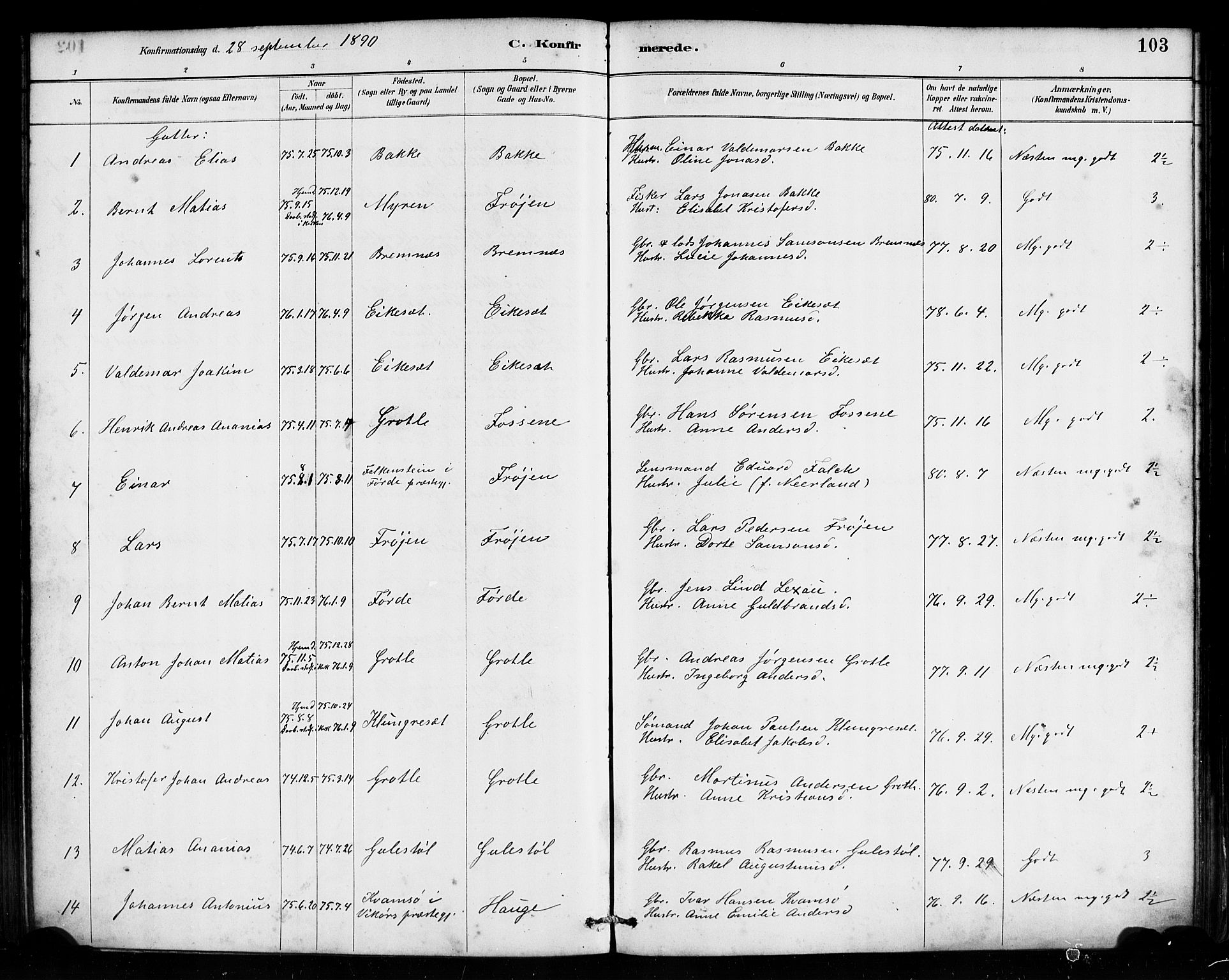 Bremanger sokneprestembete, SAB/A-82201/H/Haa/Haab/L0001: Parish register (official) no. B 1, 1884-1895, p. 103