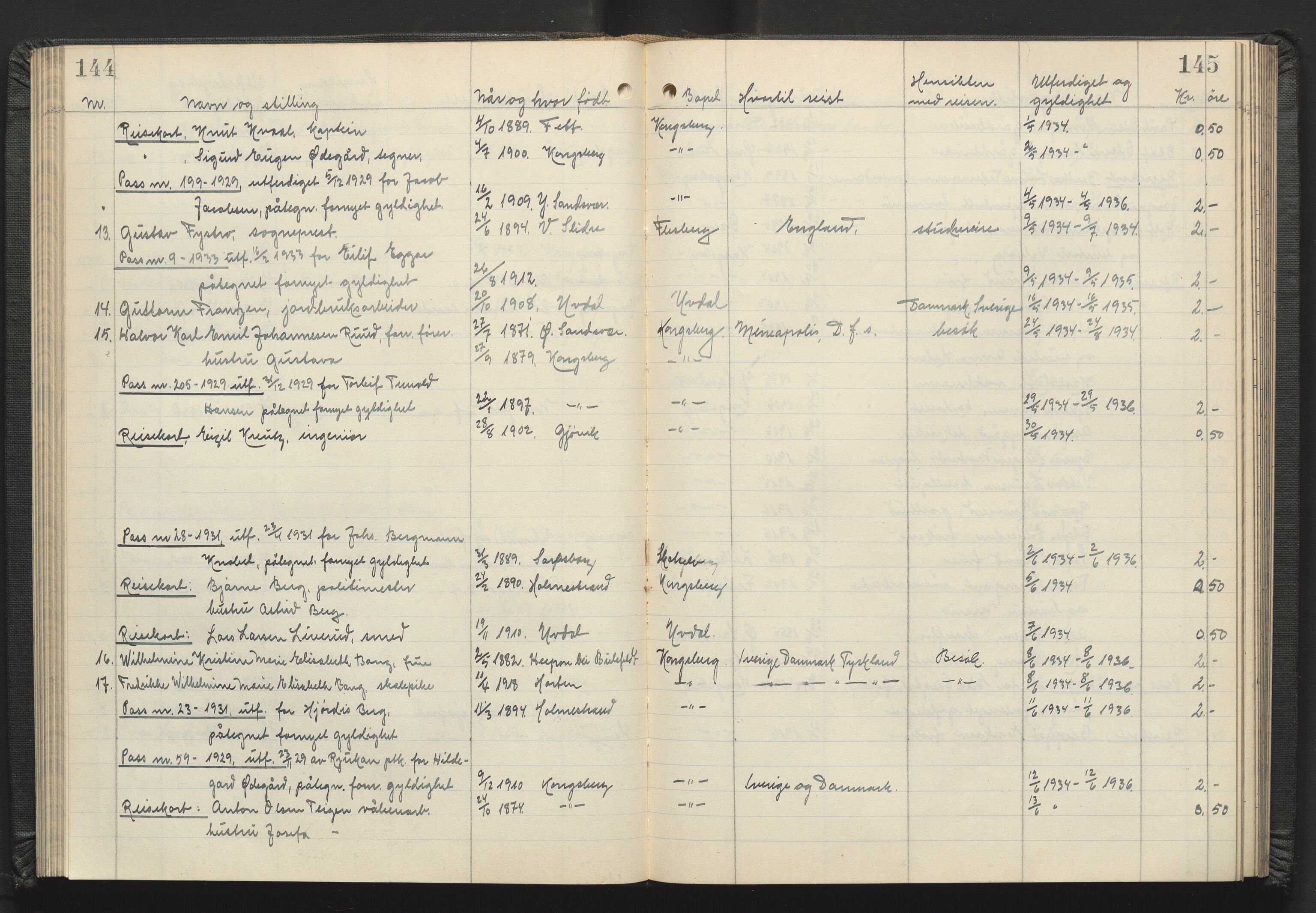 Kongsberg politikammer, AV/SAKO-A-624/I/Ib/Iba/L0004: Passprotokoll, 1927-1946, p. 144-145