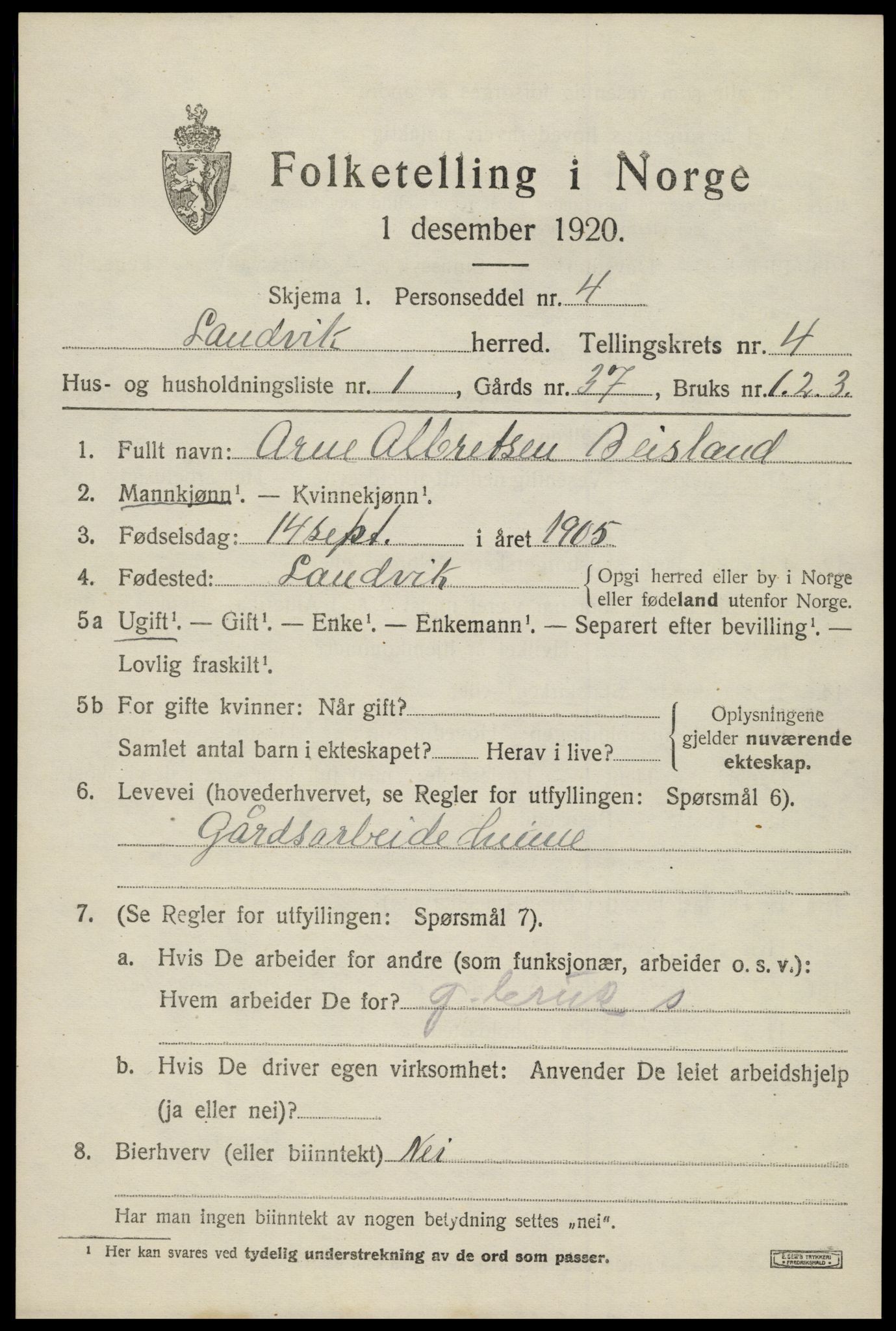 SAK, 1920 census for Landvik, 1920, p. 3666