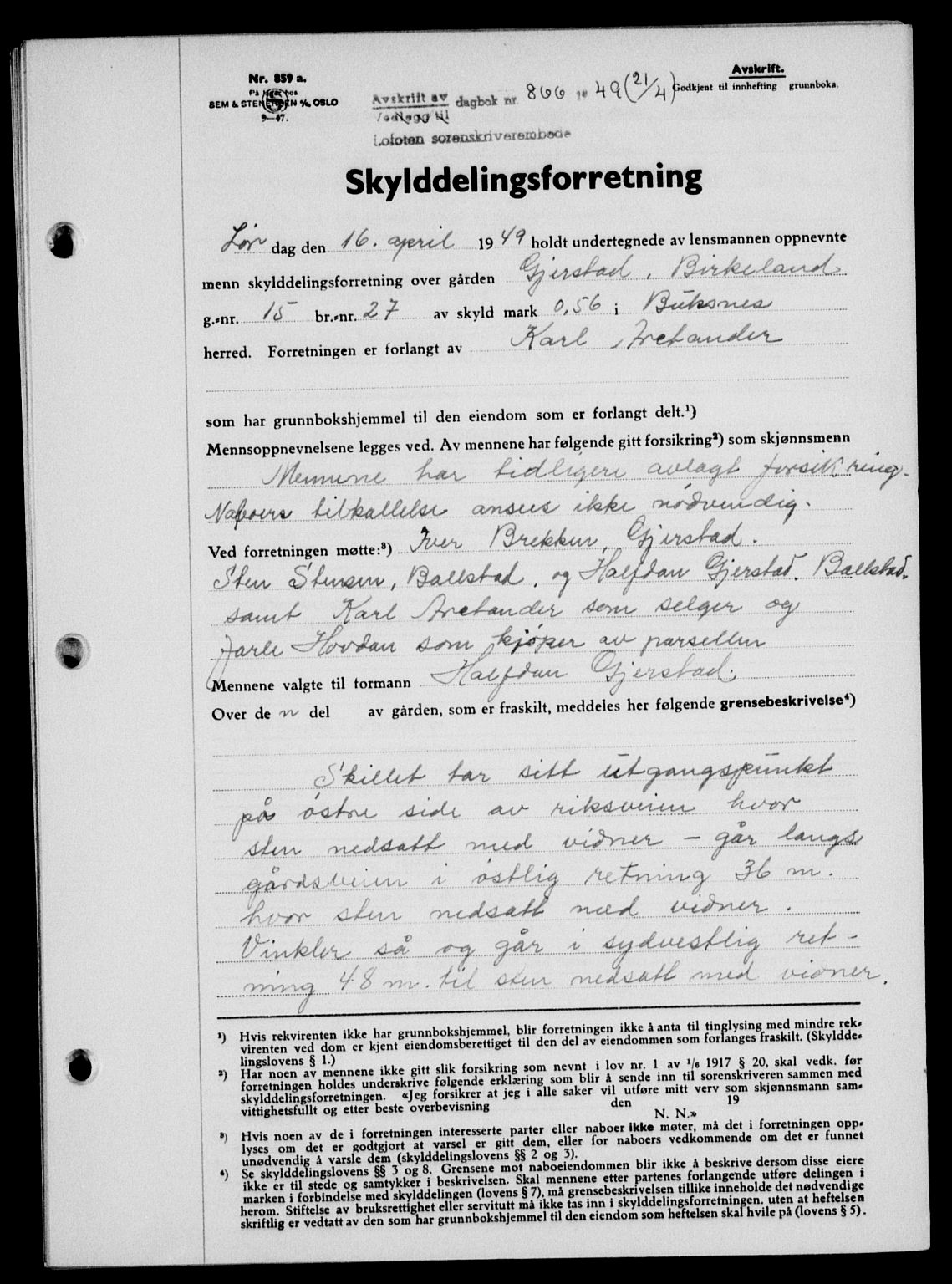 Lofoten sorenskriveri, SAT/A-0017/1/2/2C/L0020a: Mortgage book no. 20a, 1948-1949, Diary no: : 866/1949