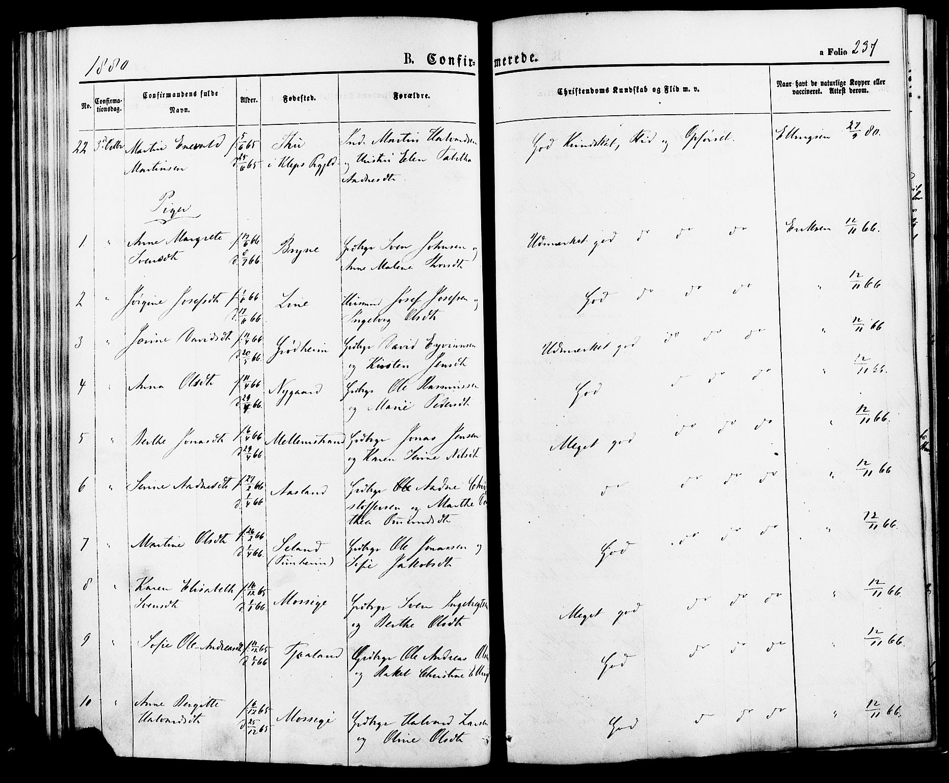 Lye sokneprestkontor, AV/SAST-A-101794/001/30BA/L0008: Parish register (official) no. A 7, 1872-1881, p. 237