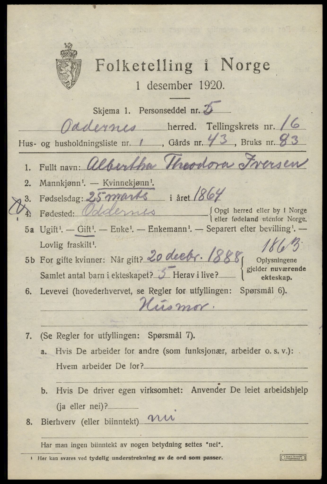 SAK, 1920 census for Oddernes, 1920, p. 11141