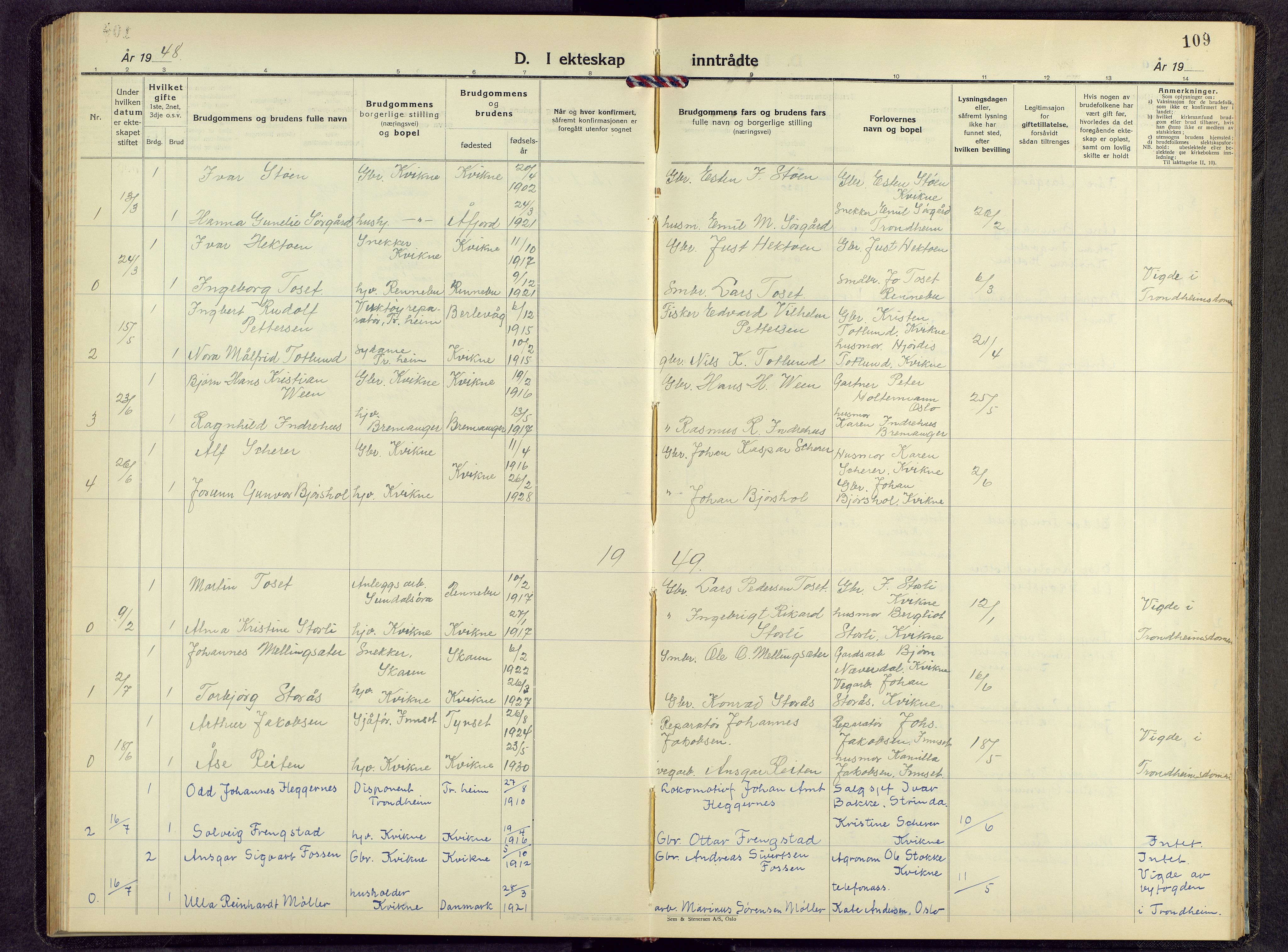 Kvikne prestekontor, AV/SAH-PREST-064/H/Ha/Hab/L0006: Parish register (copy) no. 6, 1944-1965, p. 109