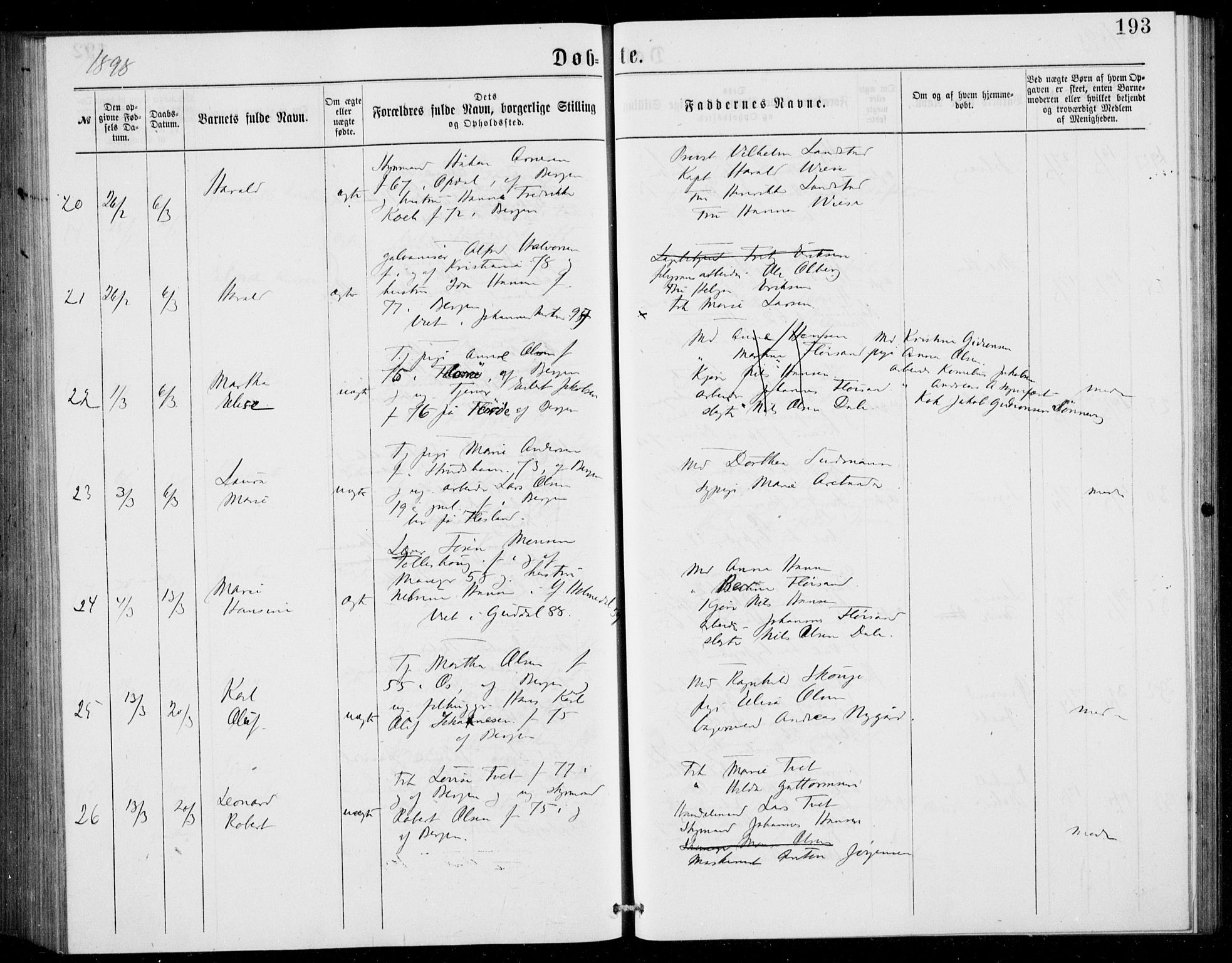 Fødselsstiftelsens sokneprestembete, ført av overlegen*, SAB/-: Parish register (official) no. A 2, 1884-1900, p. 193