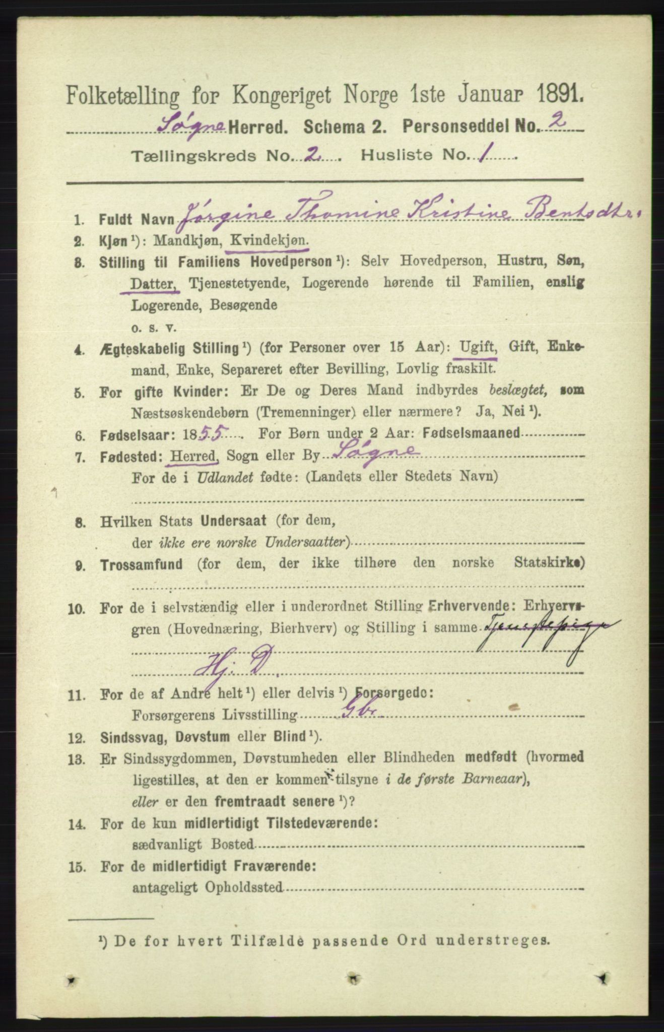 RA, 1891 census for 1018 Søgne, 1891, p. 159