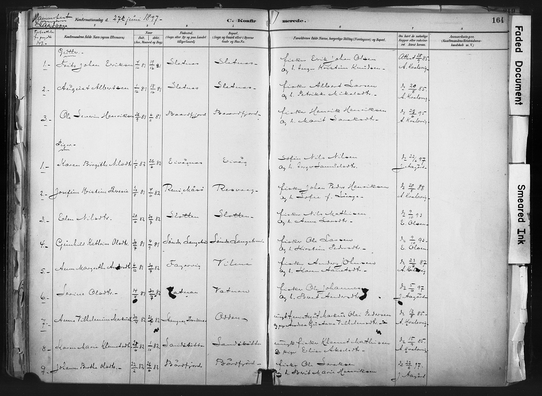 Hammerfest sokneprestkontor, SATØ/S-1347: Parish register (official) no. 11 /1, 1885-1897, p. 164