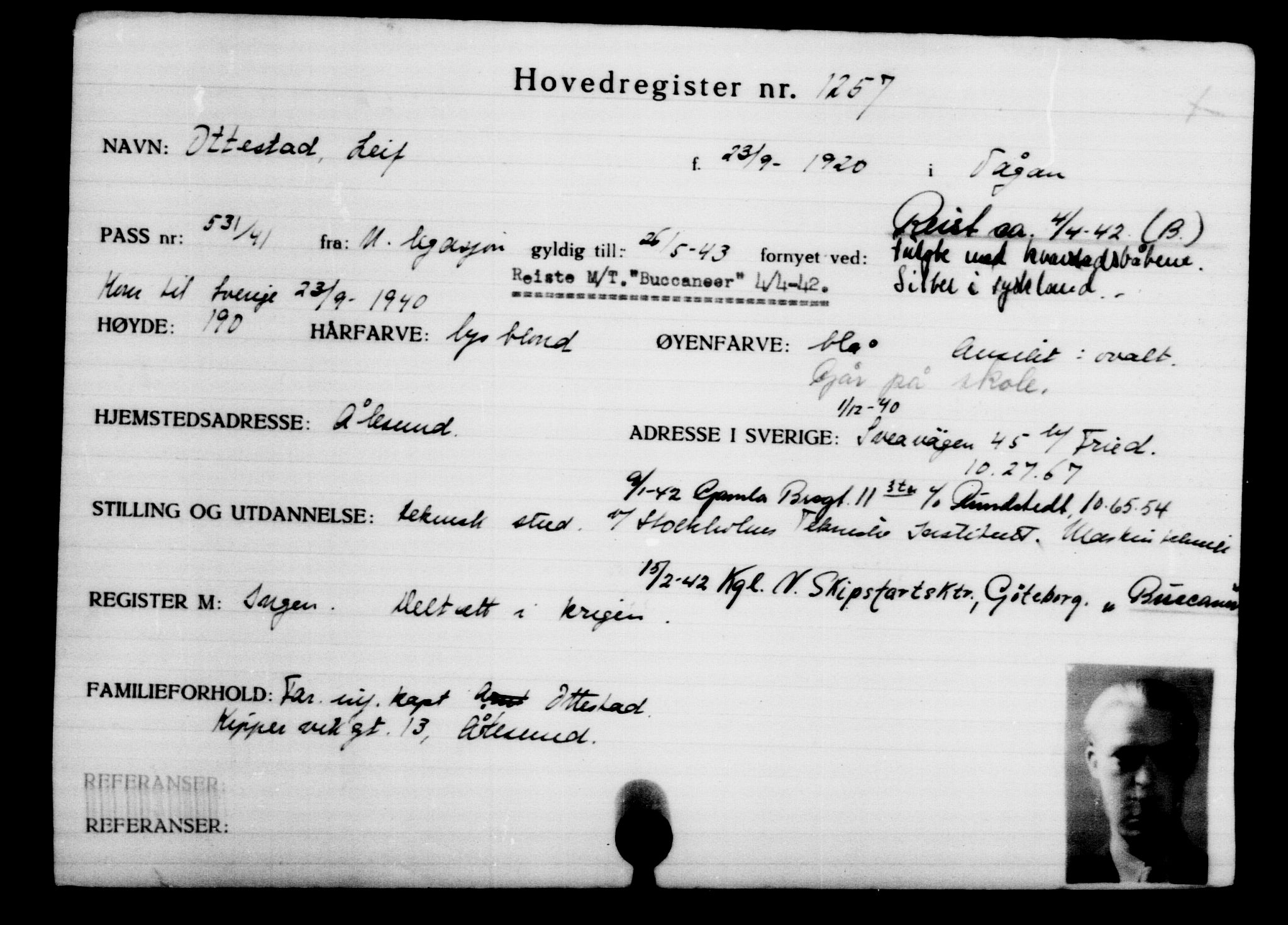 Utenriksstasjonene, Legasjonen i Stockholm, Flyktningkontoret, AV/RA-S-6753/V/Va/L0002: Kjesäterkartoteket, flyktninger med registreringsnr. 1001-2000, 1940-1945, p. 376