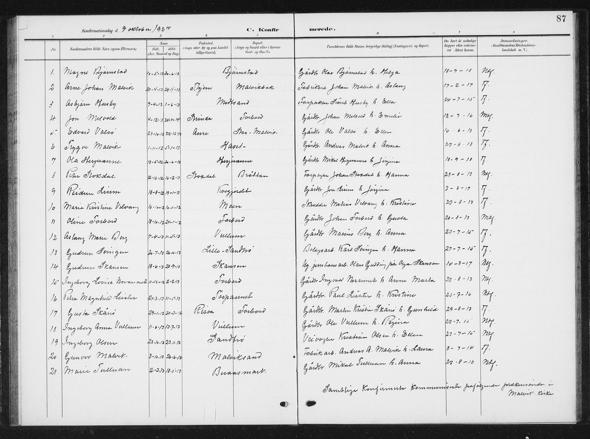 Ministerialprotokoller, klokkerbøker og fødselsregistre - Sør-Trøndelag, SAT/A-1456/616/L0424: Parish register (copy) no. 616C07, 1904-1940, p. 87