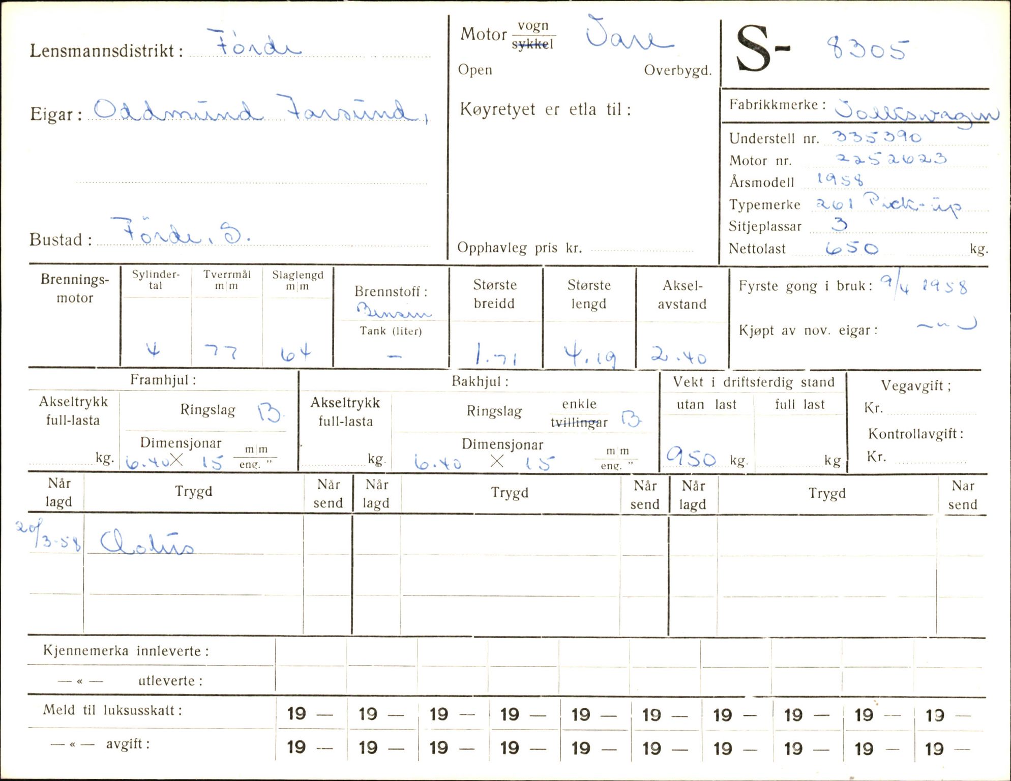 Statens vegvesen, Sogn og Fjordane vegkontor, AV/SAB-A-5301/4/F/L0006: Registerkort utmeldte Fjordane S8300-9500, 1930-1961, p. 10