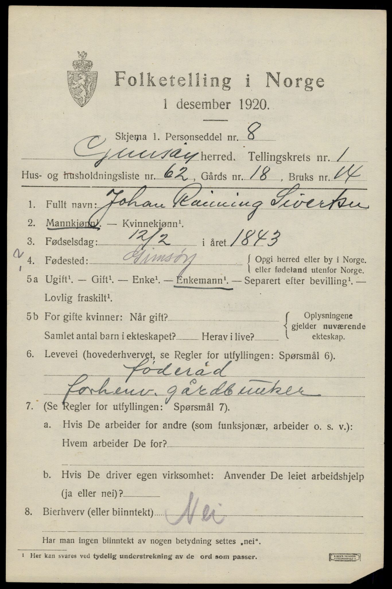 SAT, 1920 census for Gimsøy, 1920, p. 1289