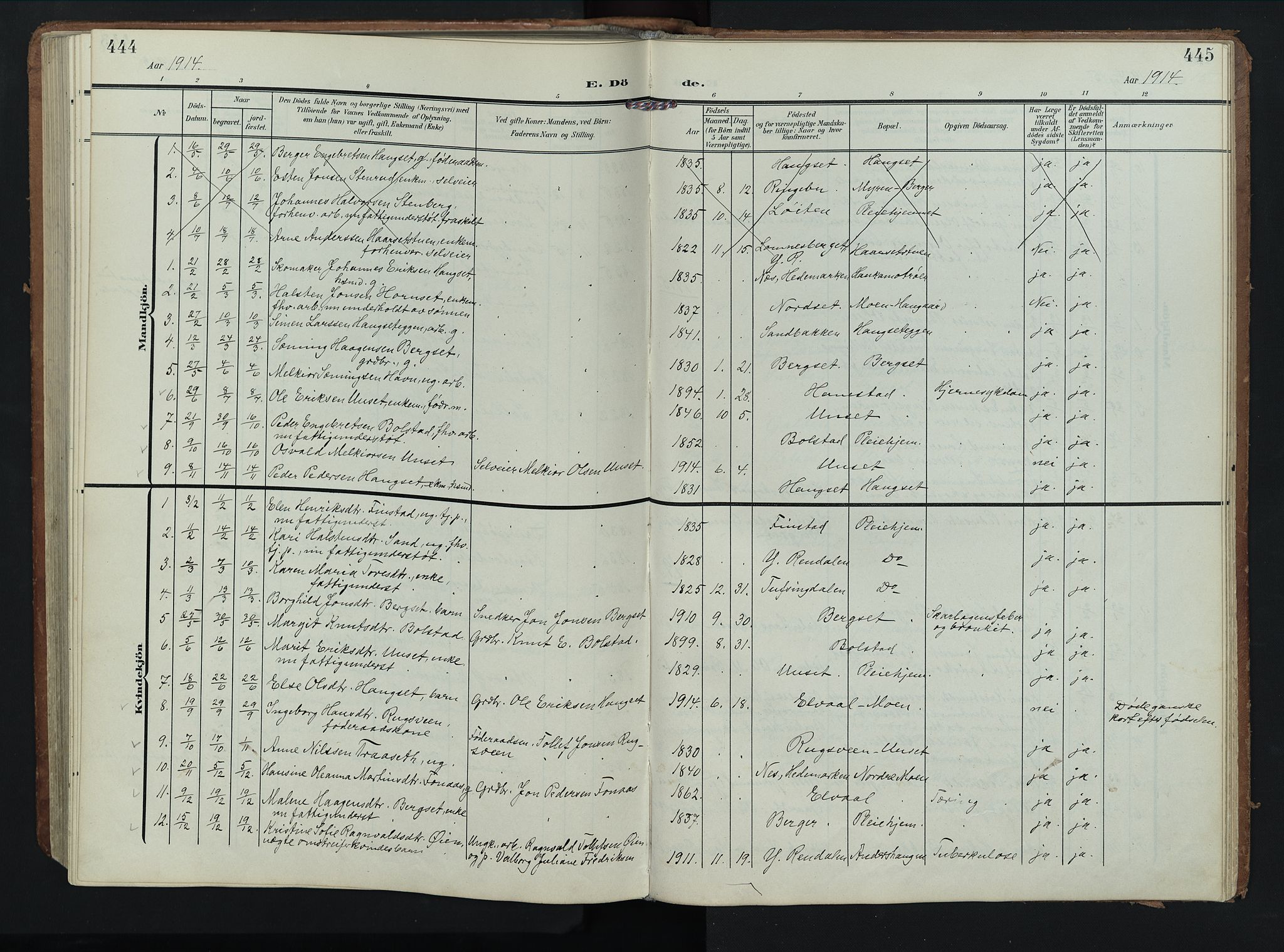 Rendalen prestekontor, SAH/PREST-054/H/Ha/Hab/L0004: Parish register (copy) no. 4, 1904-1946, p. 444-445