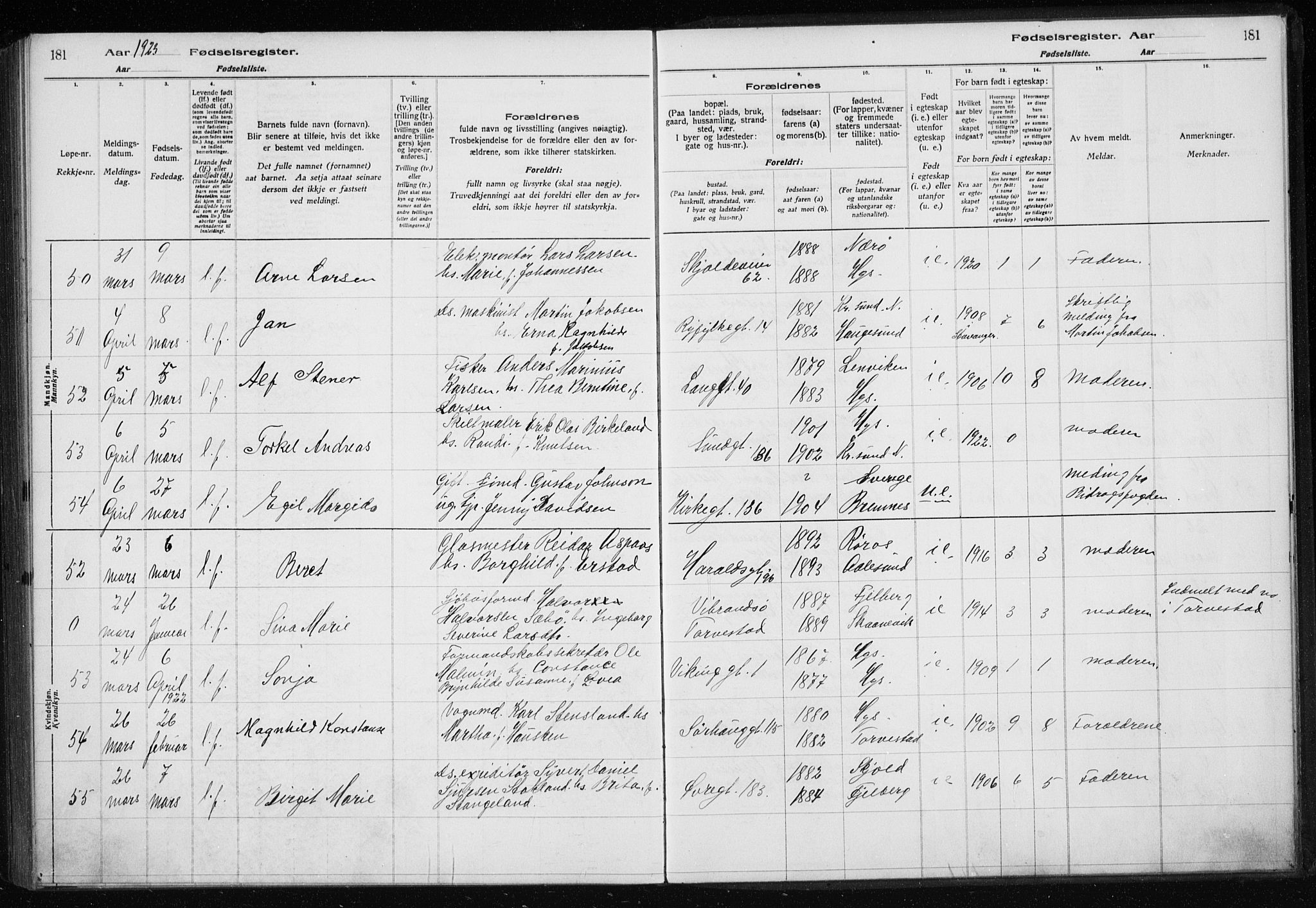 Haugesund sokneprestkontor, SAST/A -101863/I/Id/L0004: Birth register no. 2, 1919-1923, p. 181