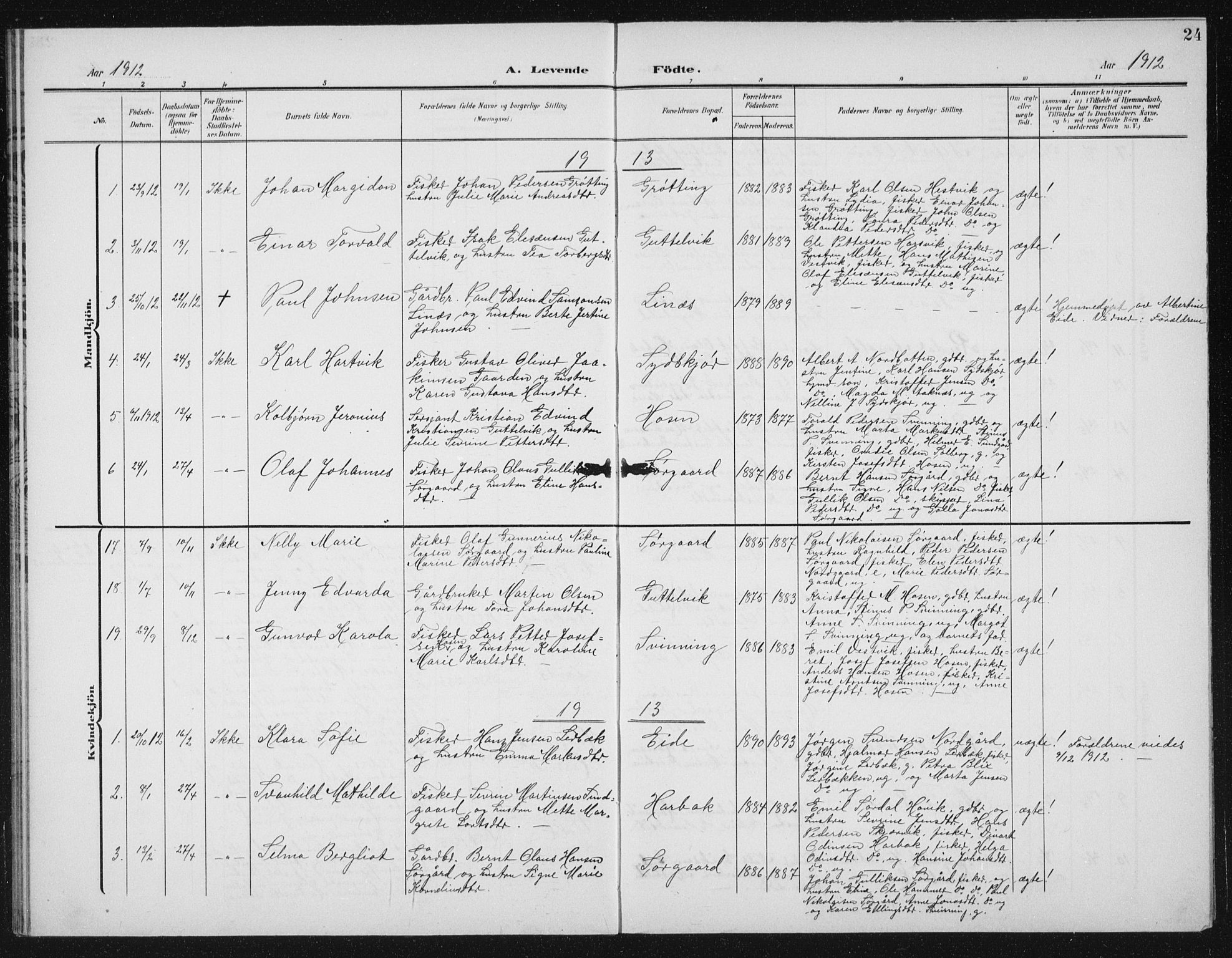 Ministerialprotokoller, klokkerbøker og fødselsregistre - Sør-Trøndelag, SAT/A-1456/656/L0699: Parish register (copy) no. 656C05, 1905-1920, p. 24