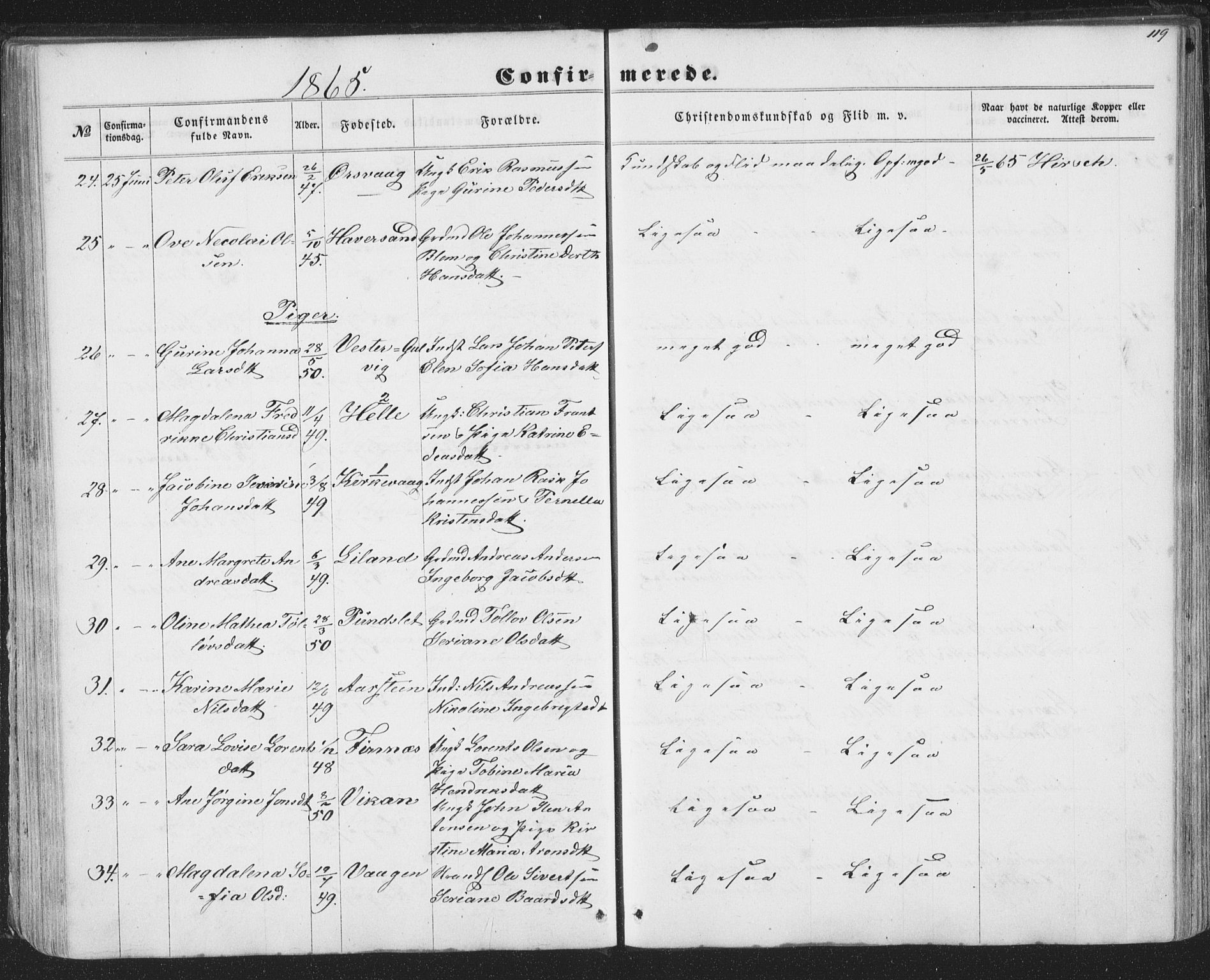 Ministerialprotokoller, klokkerbøker og fødselsregistre - Nordland, AV/SAT-A-1459/874/L1073: Parish register (copy) no. 874C02, 1860-1870, p. 119