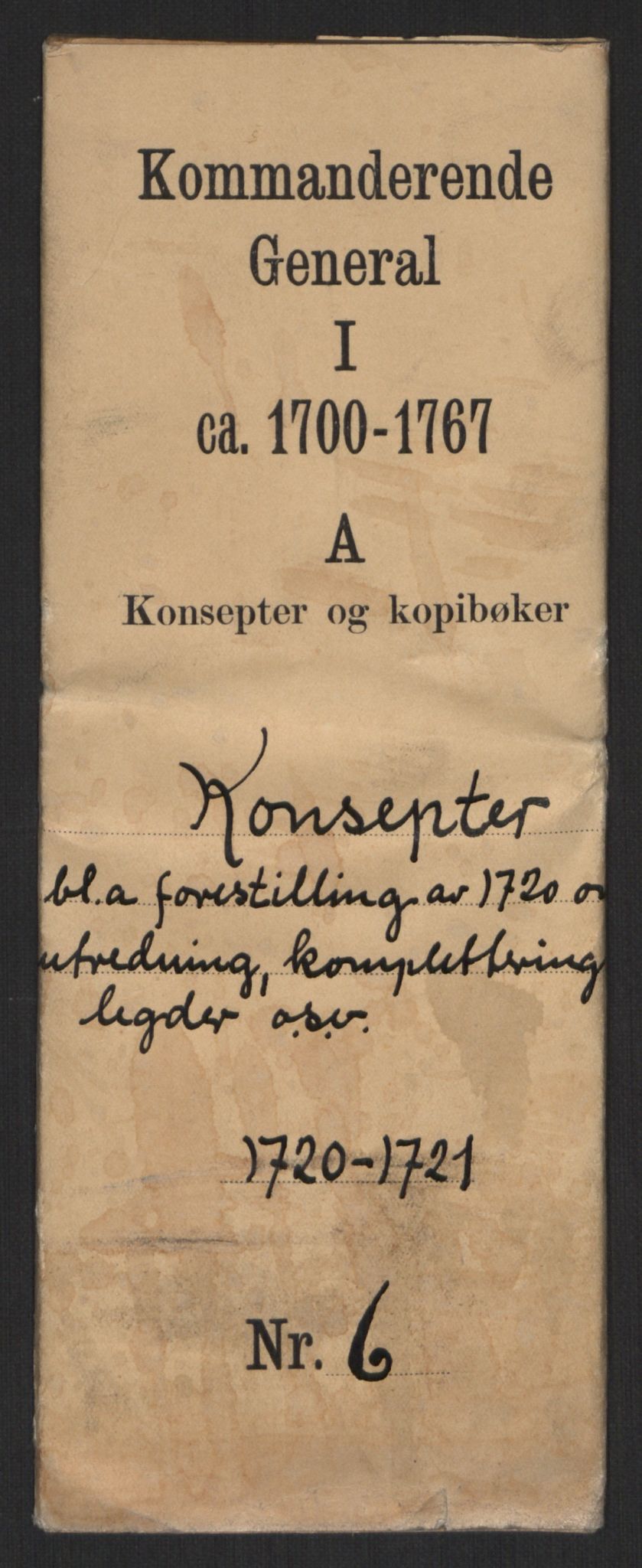 Kommanderende general (KG I) med Det norske krigsdirektorium, AV/RA-EA-5419/B/L0006: Kommanderende generals konsepter, 1720-1721, p. 1