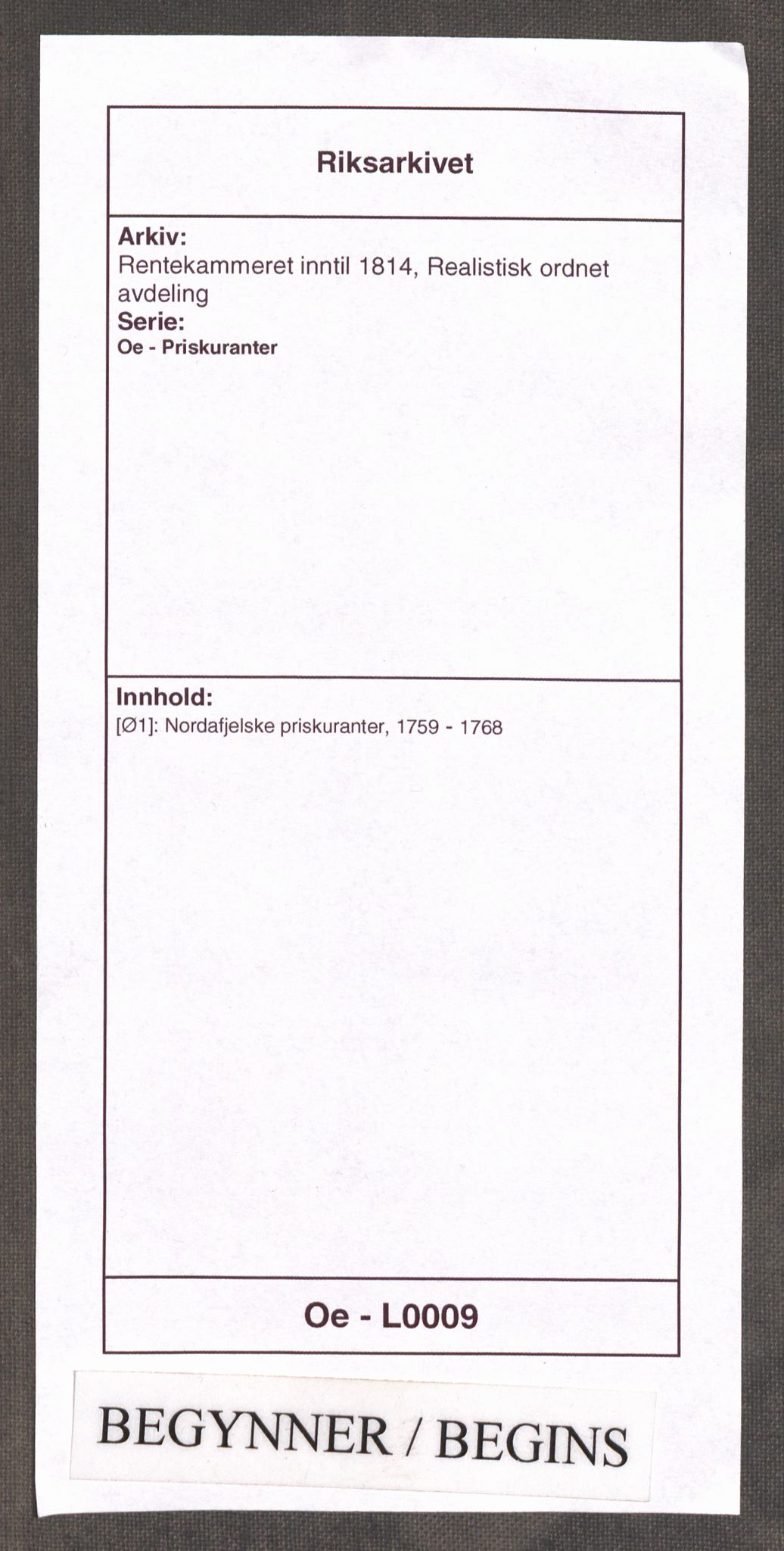 Rentekammeret inntil 1814, Realistisk ordnet avdeling, AV/RA-EA-4070/Oe/L0009: [Ø1]: Nordafjelske priskuranter, 1759-1768, p. 1