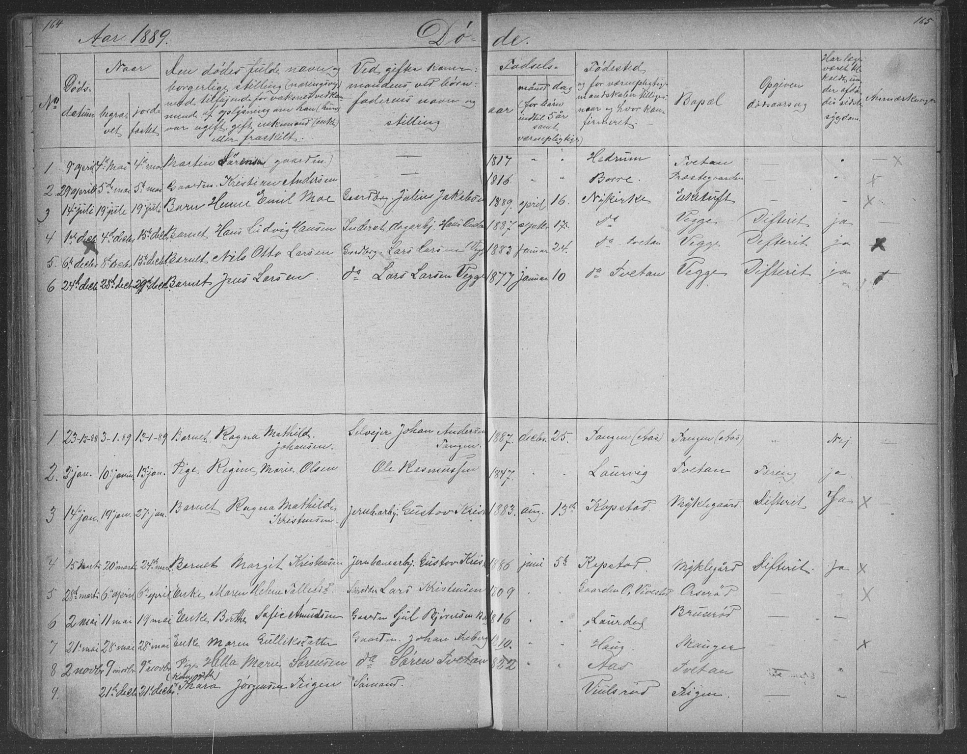 Borre kirkebøker, SAKO/A-338/G/Gb/L0002: Parish register (copy) no. II 2, 1878-1892, p. 164-165