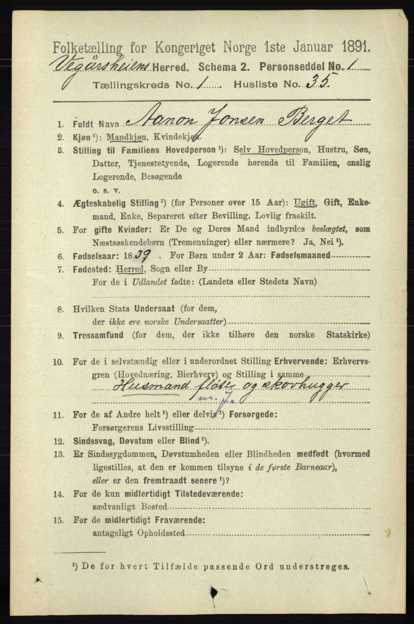 RA, 1891 census for 0912 Vegårshei, 1891, p. 316