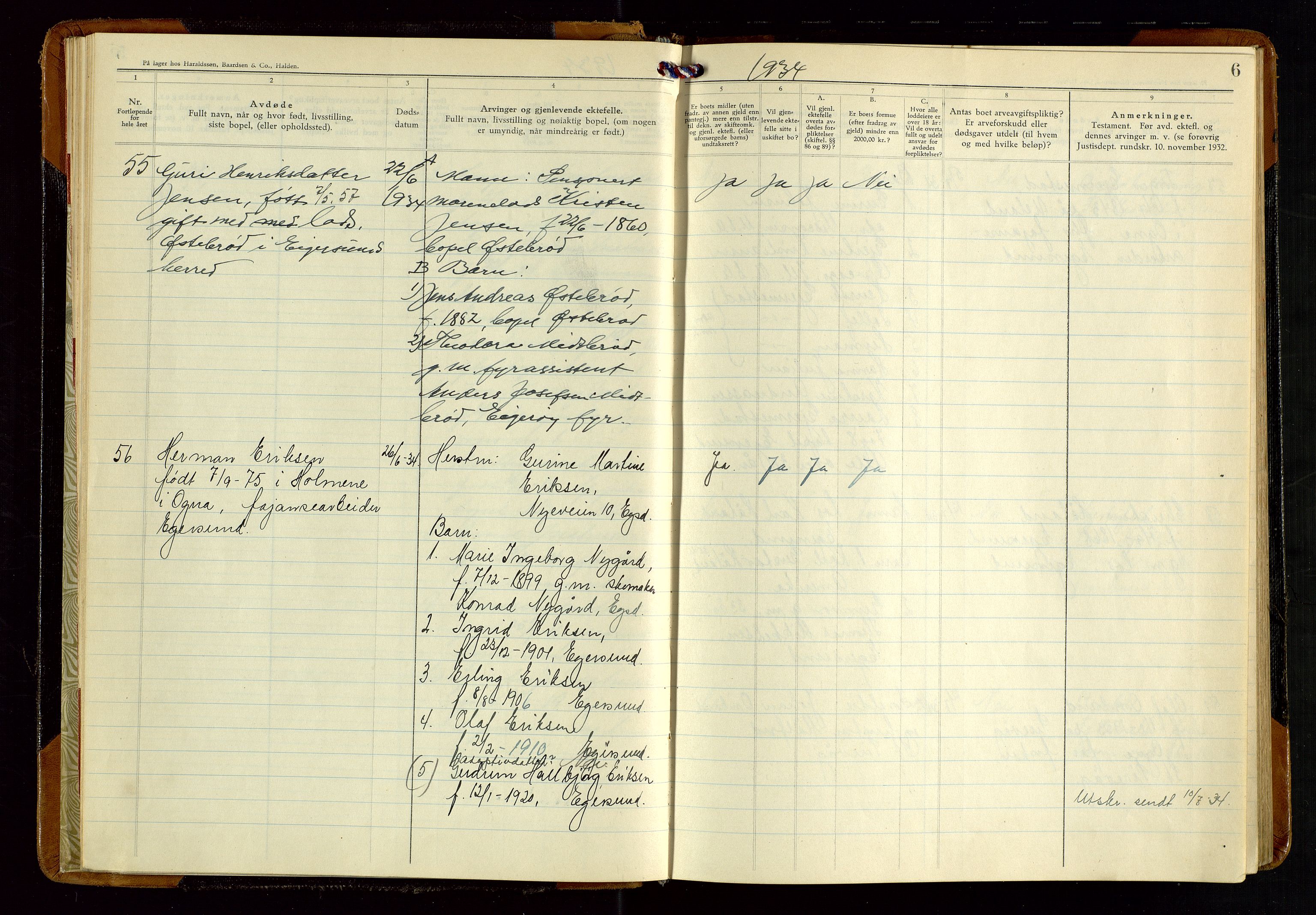 Eigersund lensmannskontor, AV/SAST-A-100171/Gga/L0013: "Protokoll over anmeldte dødsfall" m/alfabetisk navneregister, 1934-1938, p. 6
