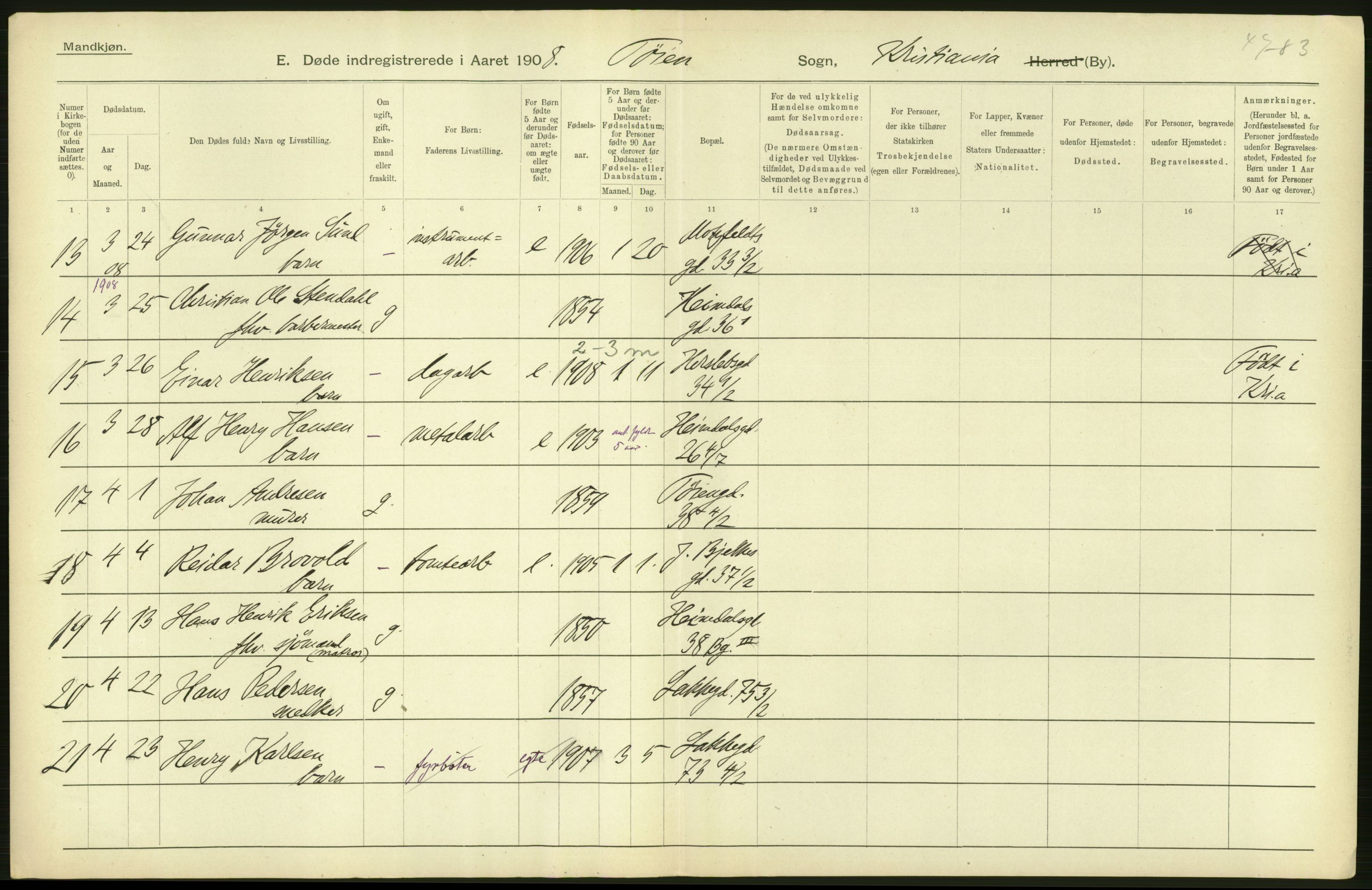 Statistisk sentralbyrå, Sosiodemografiske emner, Befolkning, AV/RA-S-2228/D/Df/Dfa/Dfaf/L0009: Kristiania: Døde, dødfødte., 1908, p. 46