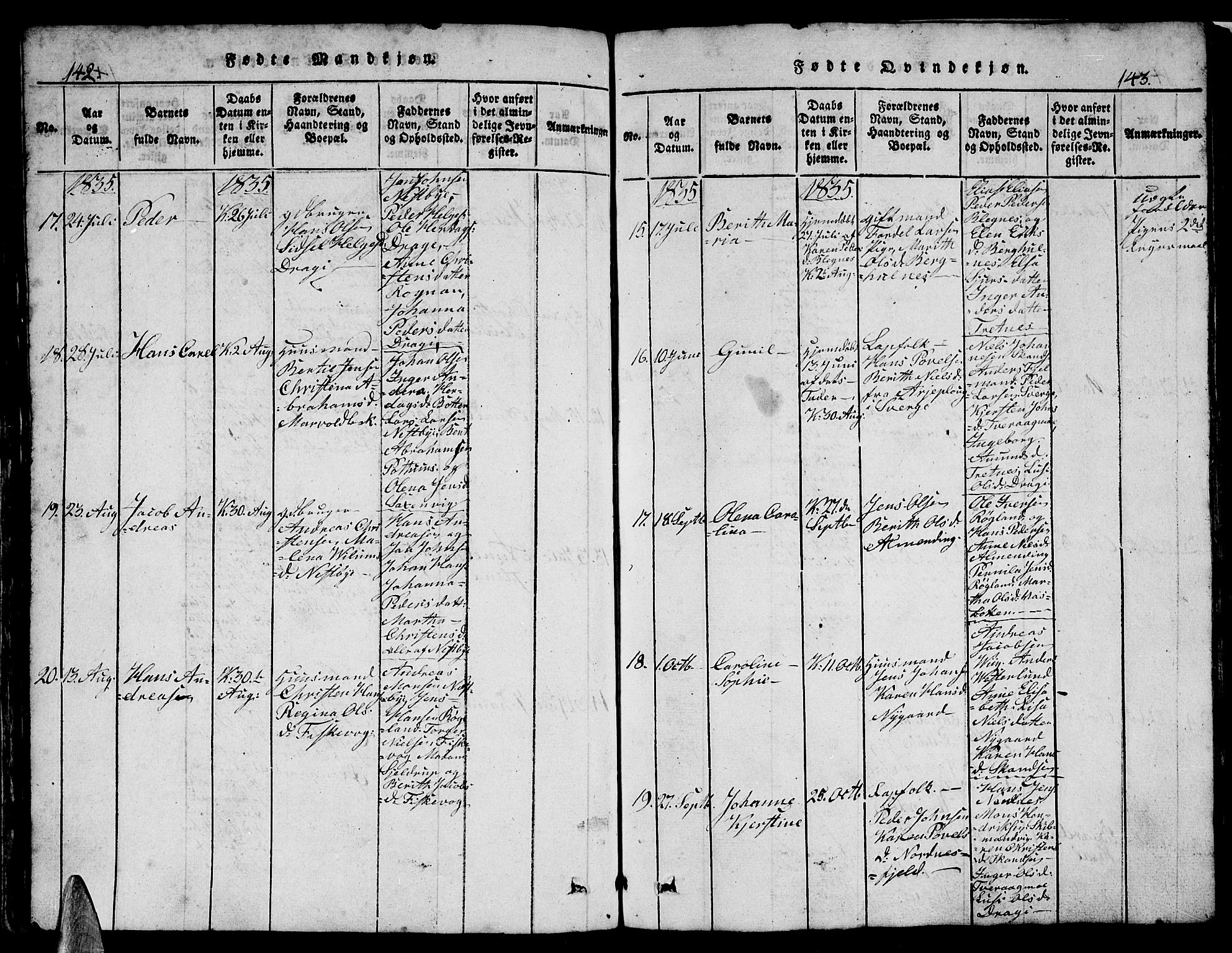 Ministerialprotokoller, klokkerbøker og fødselsregistre - Nordland, AV/SAT-A-1459/847/L0676: Parish register (copy) no. 847C04, 1821-1853, p. 142-143