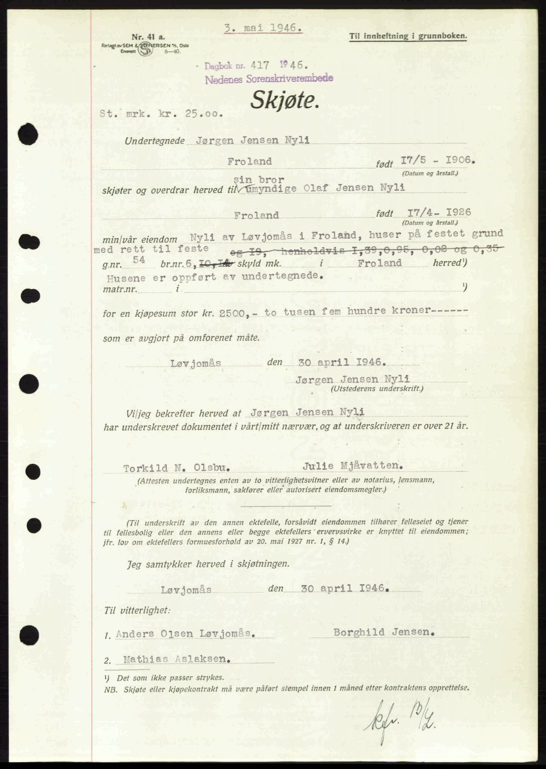 Nedenes sorenskriveri, AV/SAK-1221-0006/G/Gb/Gba/L0054: Mortgage book no. A6c, 1946-1946, Diary no: : 417/1946