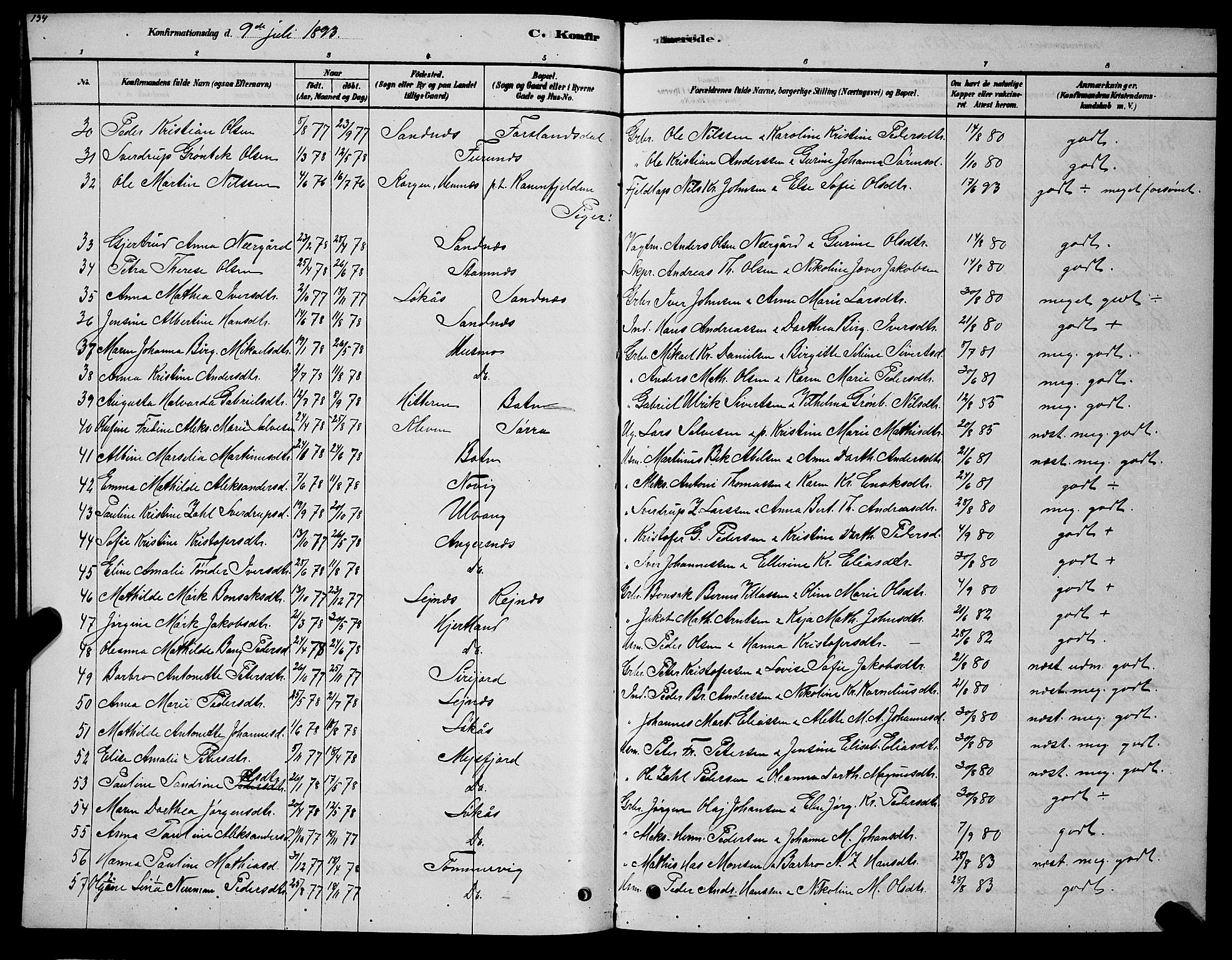 Ministerialprotokoller, klokkerbøker og fødselsregistre - Nordland, AV/SAT-A-1459/831/L0477: Parish register (copy) no. 831C04, 1878-1897, p. 134