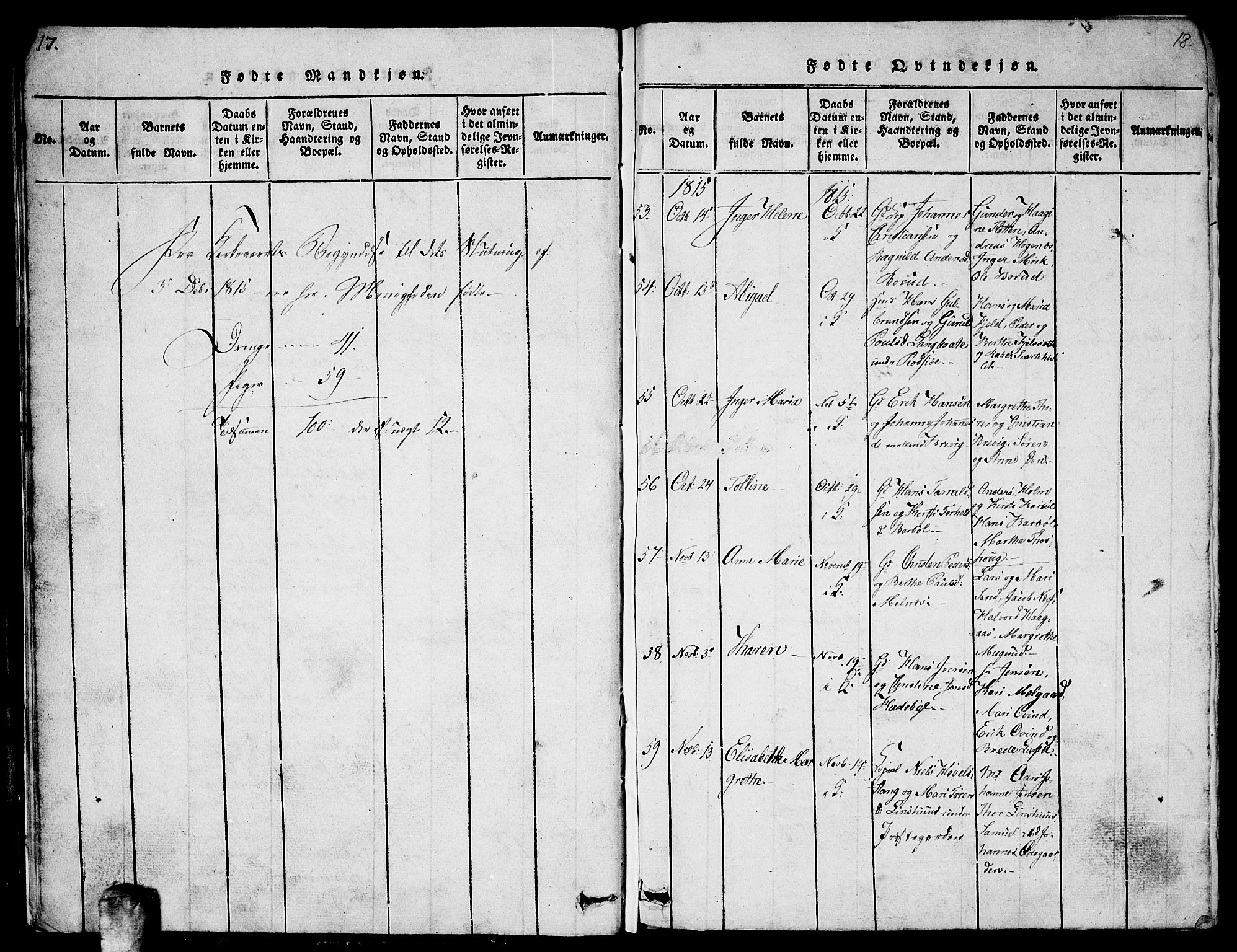 Enebakk prestekontor Kirkebøker, AV/SAO-A-10171c/G/Ga/L0001: Parish register (copy) no. I 1, 1815-1833, p. 17-18