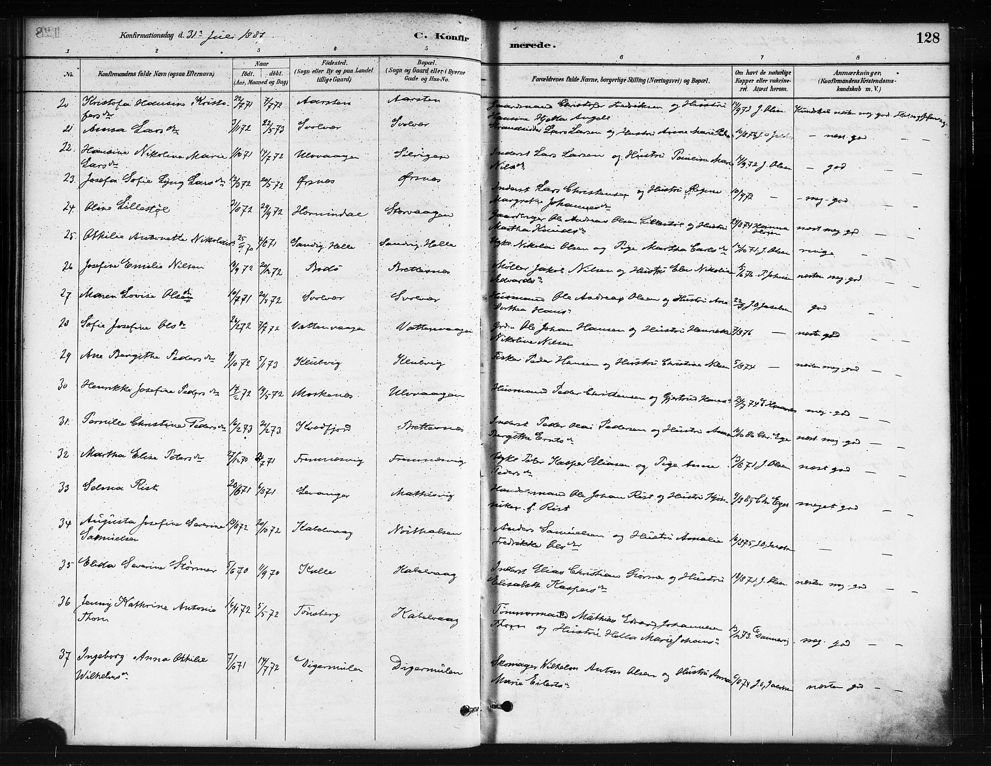 Ministerialprotokoller, klokkerbøker og fødselsregistre - Nordland, AV/SAT-A-1459/874/L1059: Parish register (official) no. 874A03, 1884-1890, p. 128