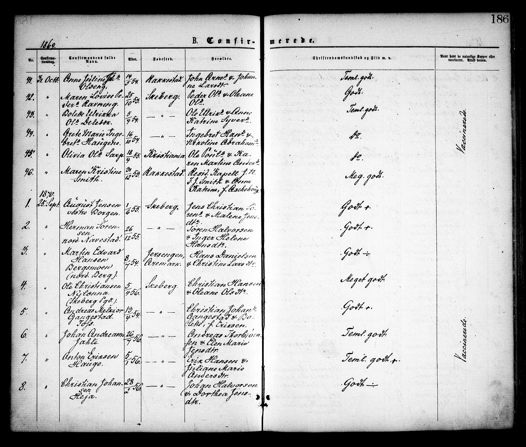 Skjeberg prestekontor Kirkebøker, SAO/A-10923/F/Fa/L0008: Parish register (official) no. I 8, 1869-1885, p. 186