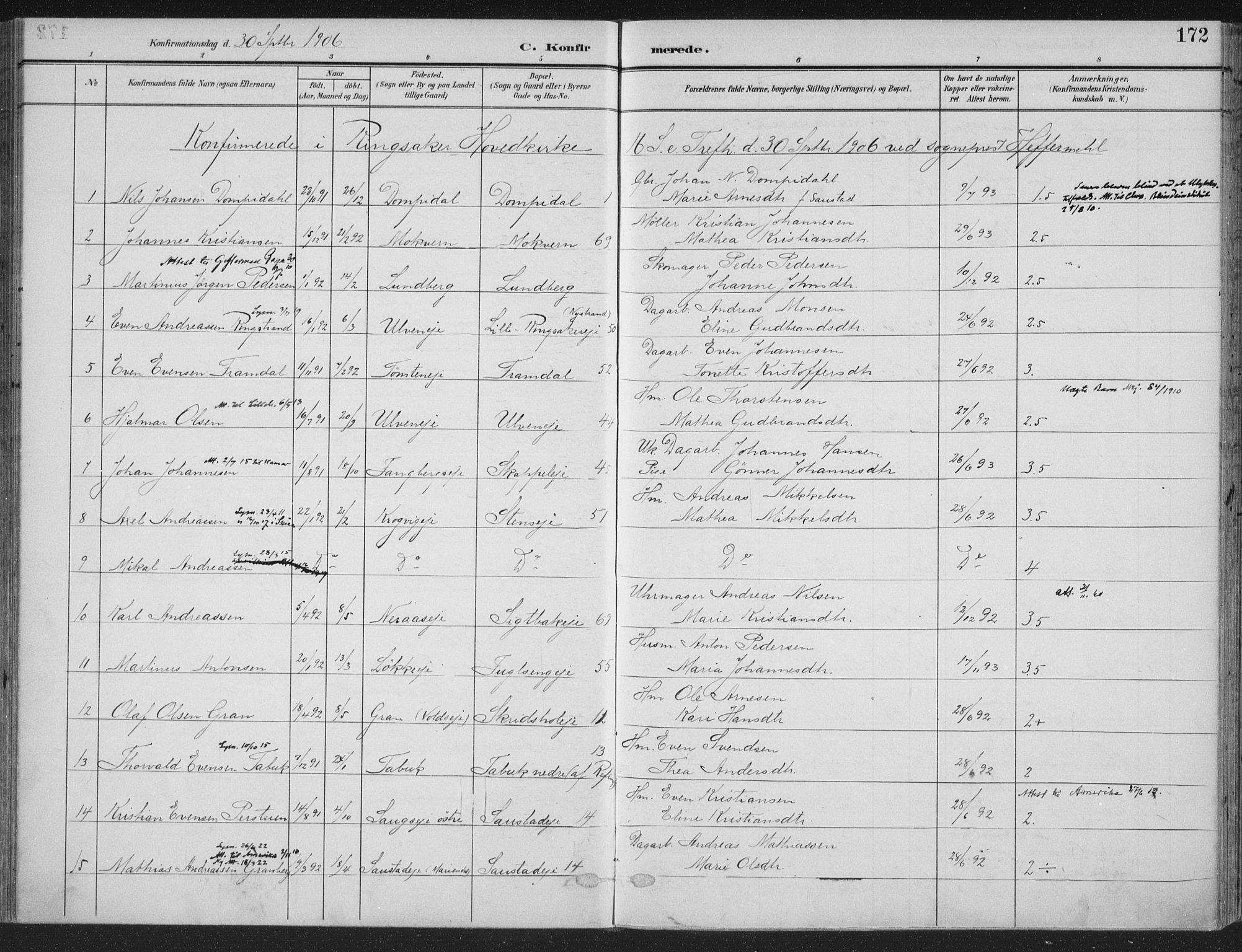 Ringsaker prestekontor, SAH/PREST-014/K/Ka/L0018: Parish register (official) no. 18, 1903-1912, p. 172