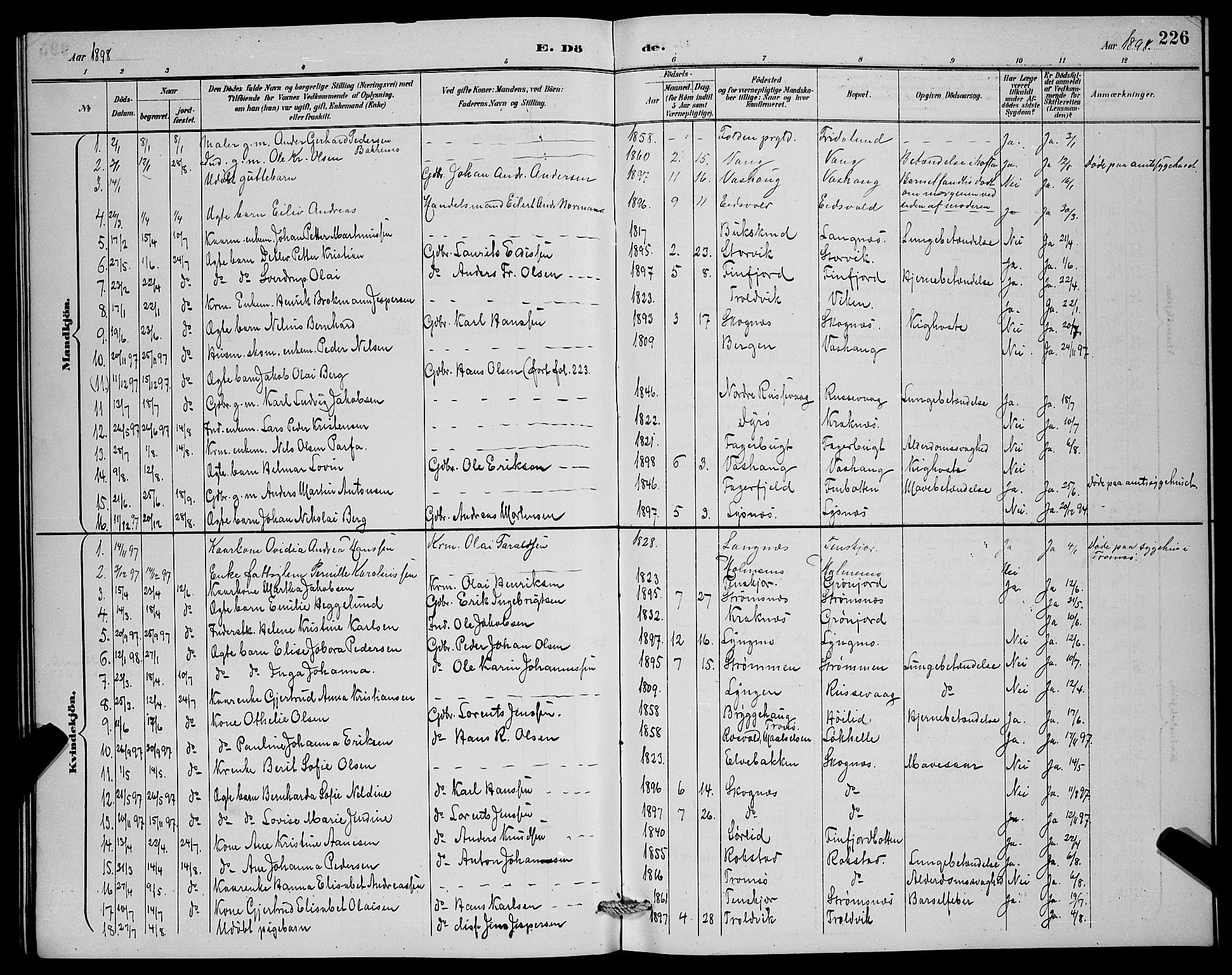 Lenvik sokneprestembete, SATØ/S-1310/H/Ha/Hab/L0007klokker: Parish register (copy) no. 7, 1890-1898, p. 226