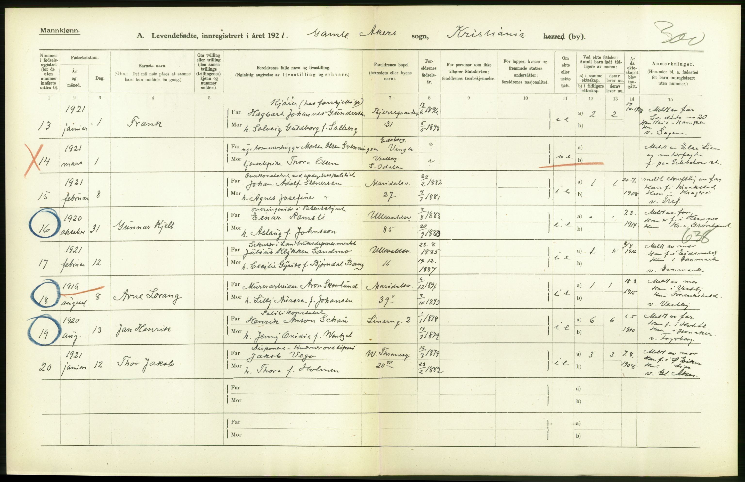 Statistisk sentralbyrå, Sosiodemografiske emner, Befolkning, AV/RA-S-2228/D/Df/Dfc/Dfca/L0010: Kristiania: Levendefødte menn og kvinner., 1921, p. 152