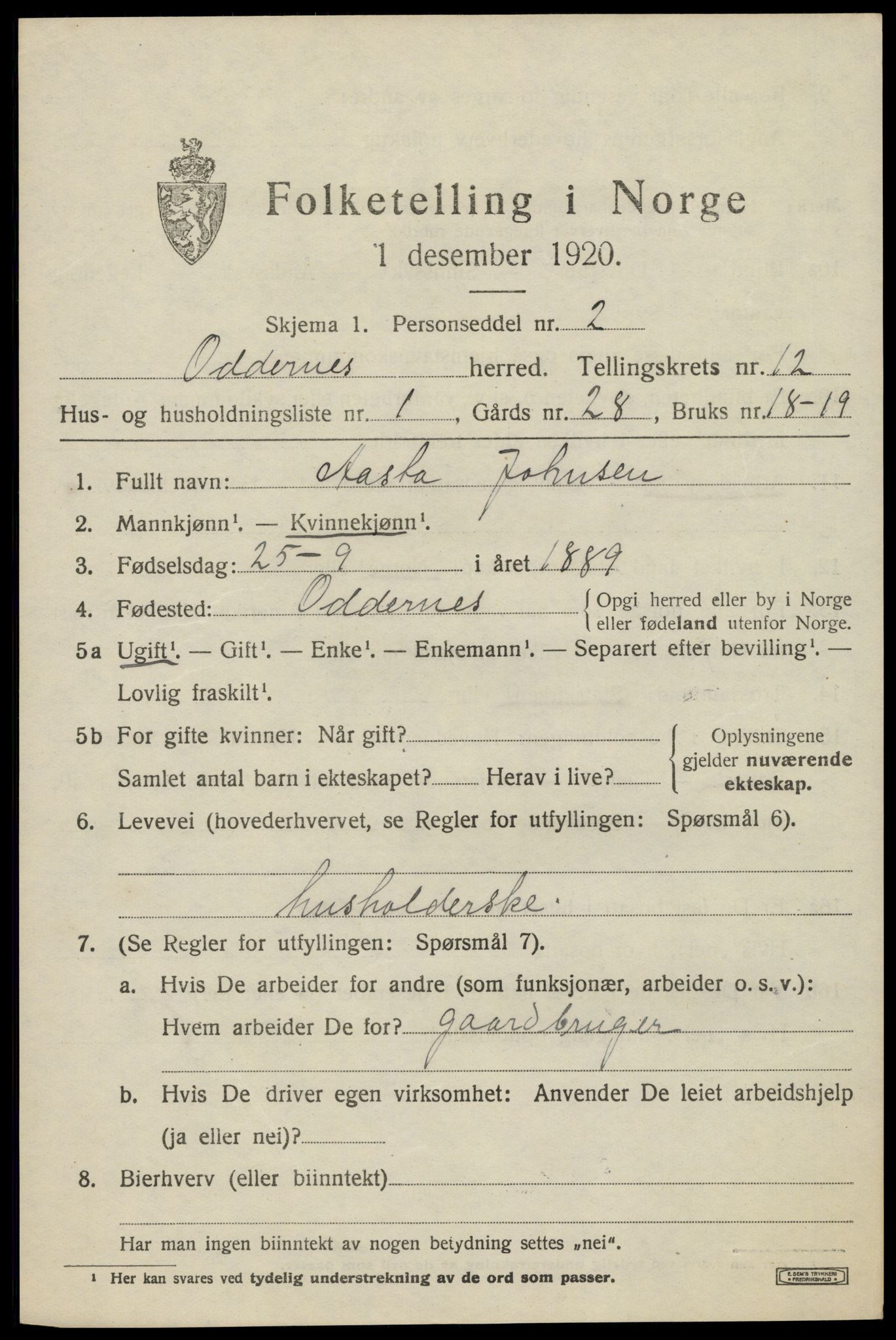 SAK, 1920 census for Oddernes, 1920, p. 7603