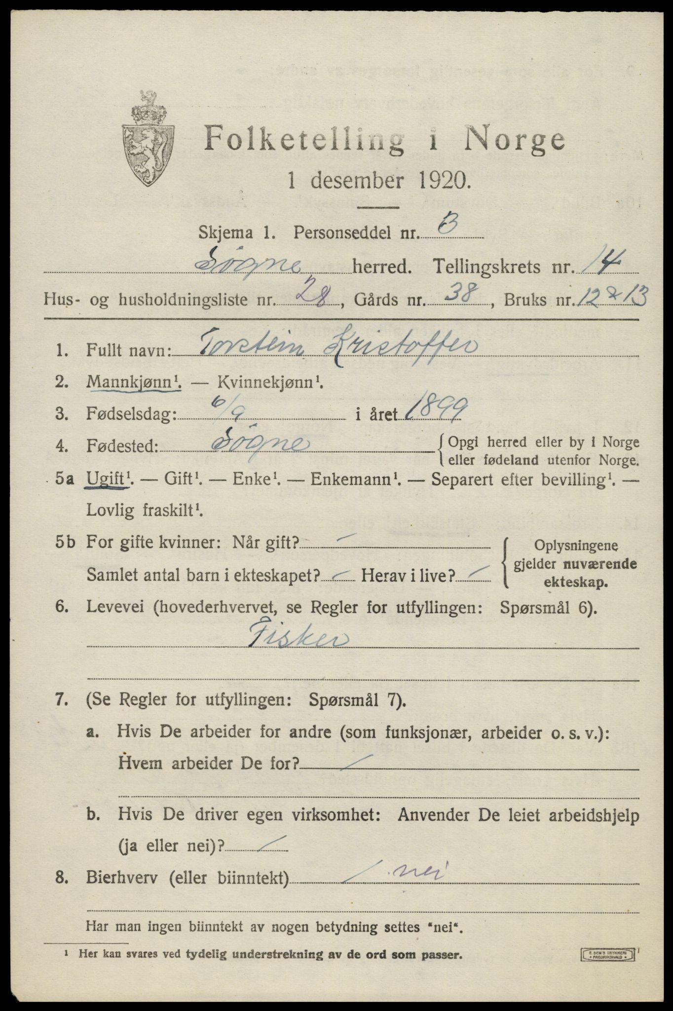 SAK, 1920 census for Søgne, 1920, p. 6973