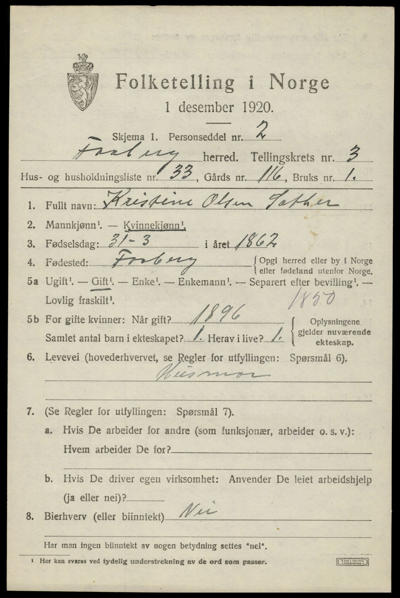 SAH, 1920 census for Fåberg, 1920, p. 3894