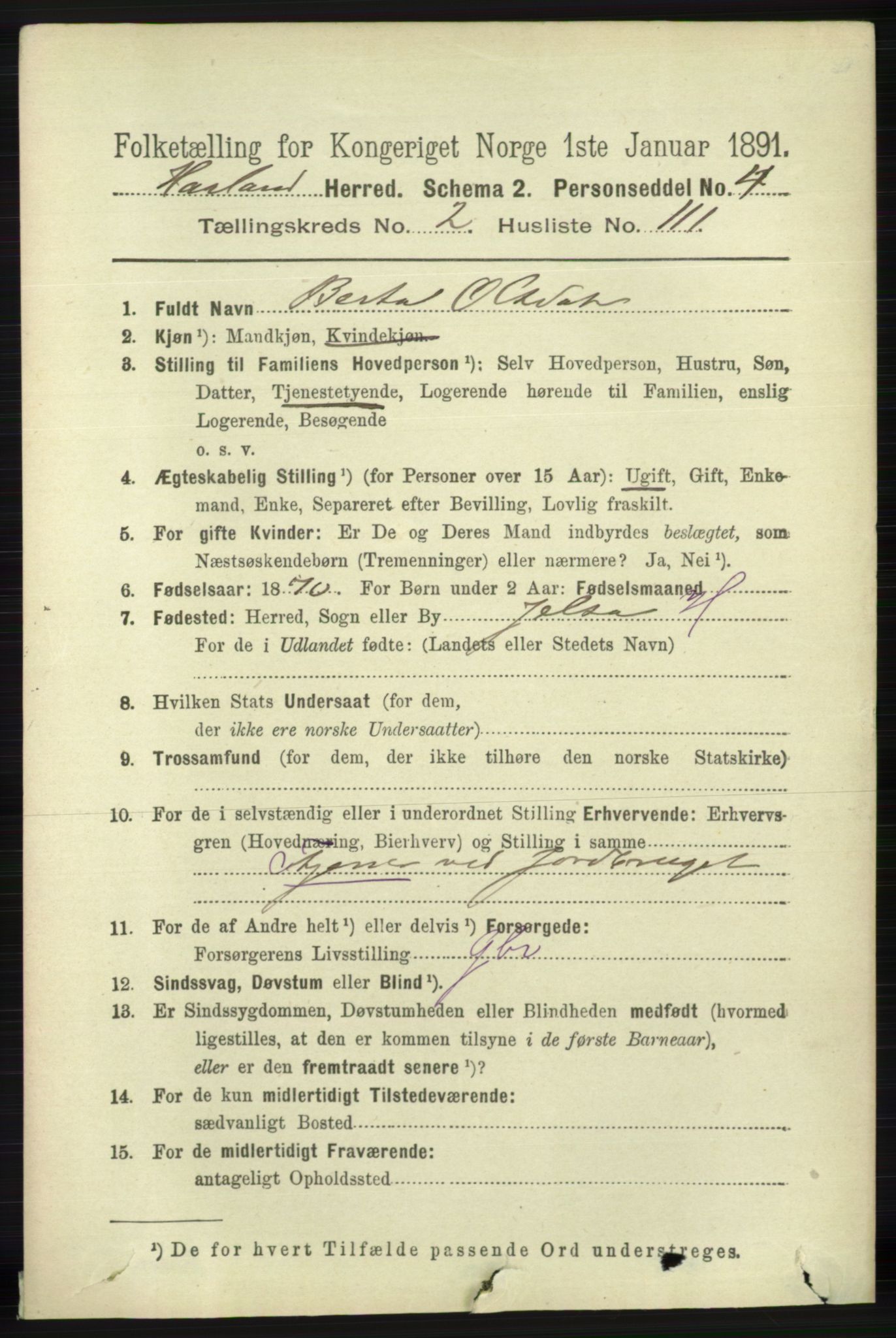 RA, 1891 census for 1124 Haaland, 1891, p. 1603