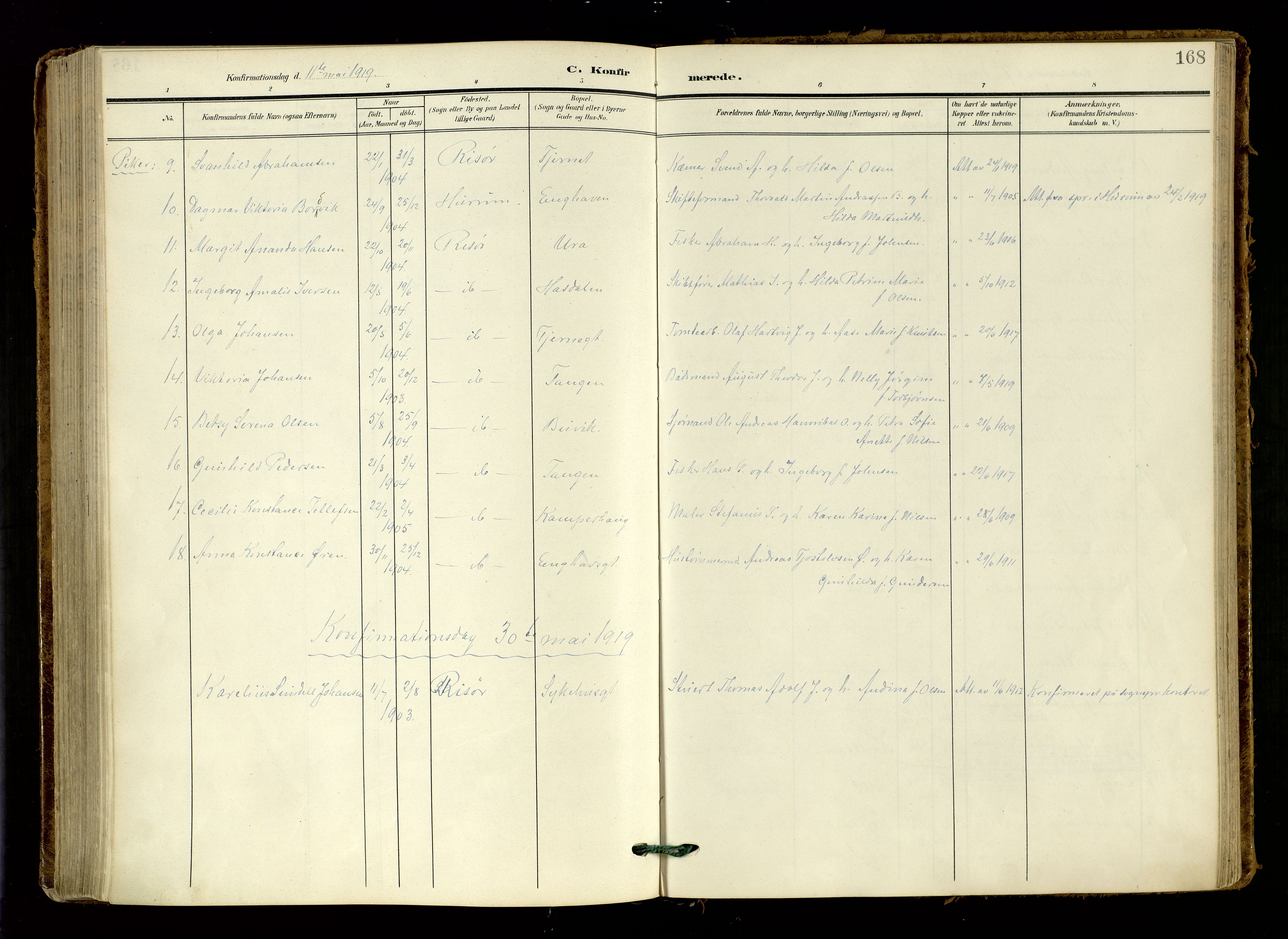 Risør sokneprestkontor, AV/SAK-1111-0035/F/Fa/L0011: Parish register (official) no. A 11, 1907-1920, p. 168