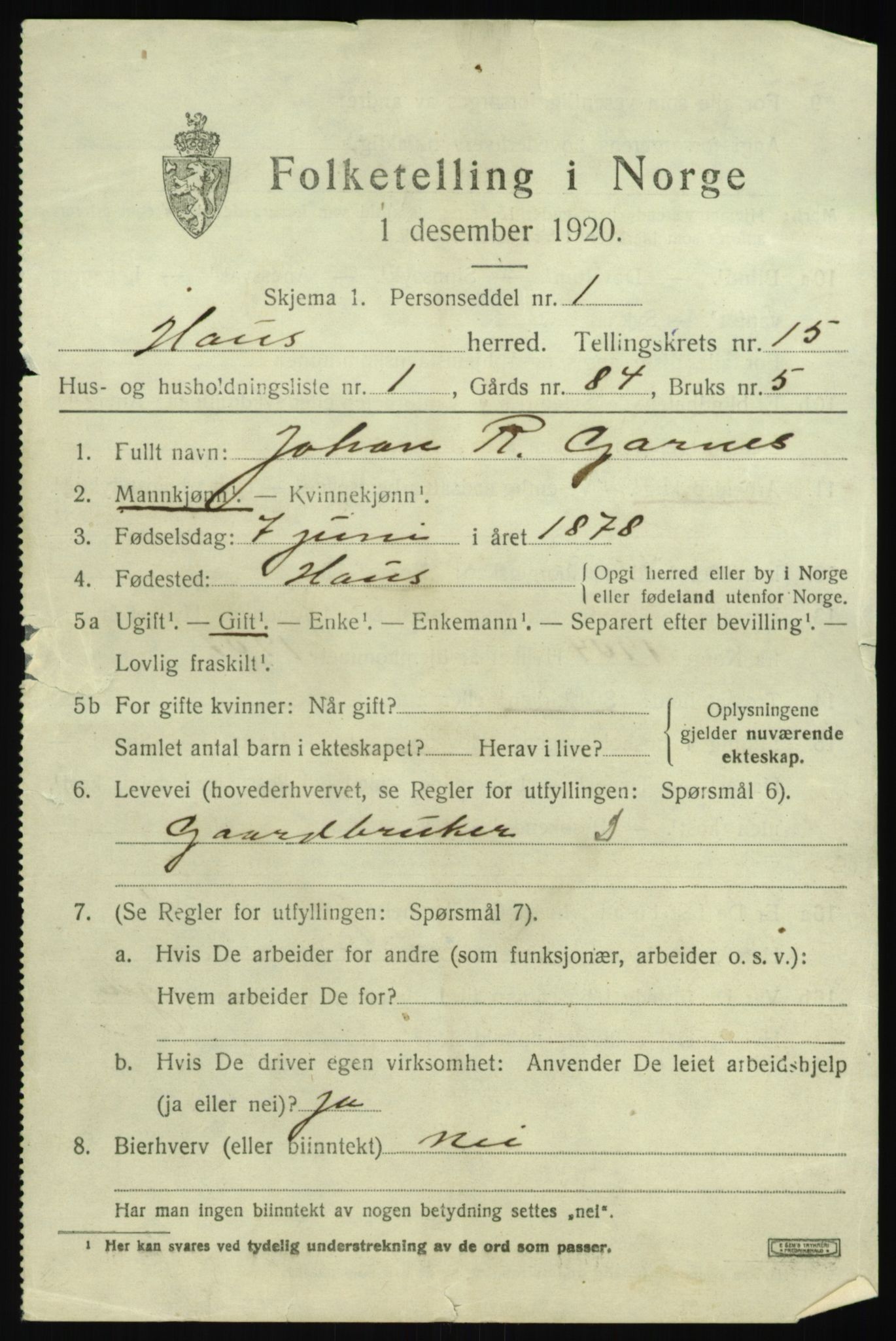 SAB, 1920 census for Haus, 1920, p. 9190