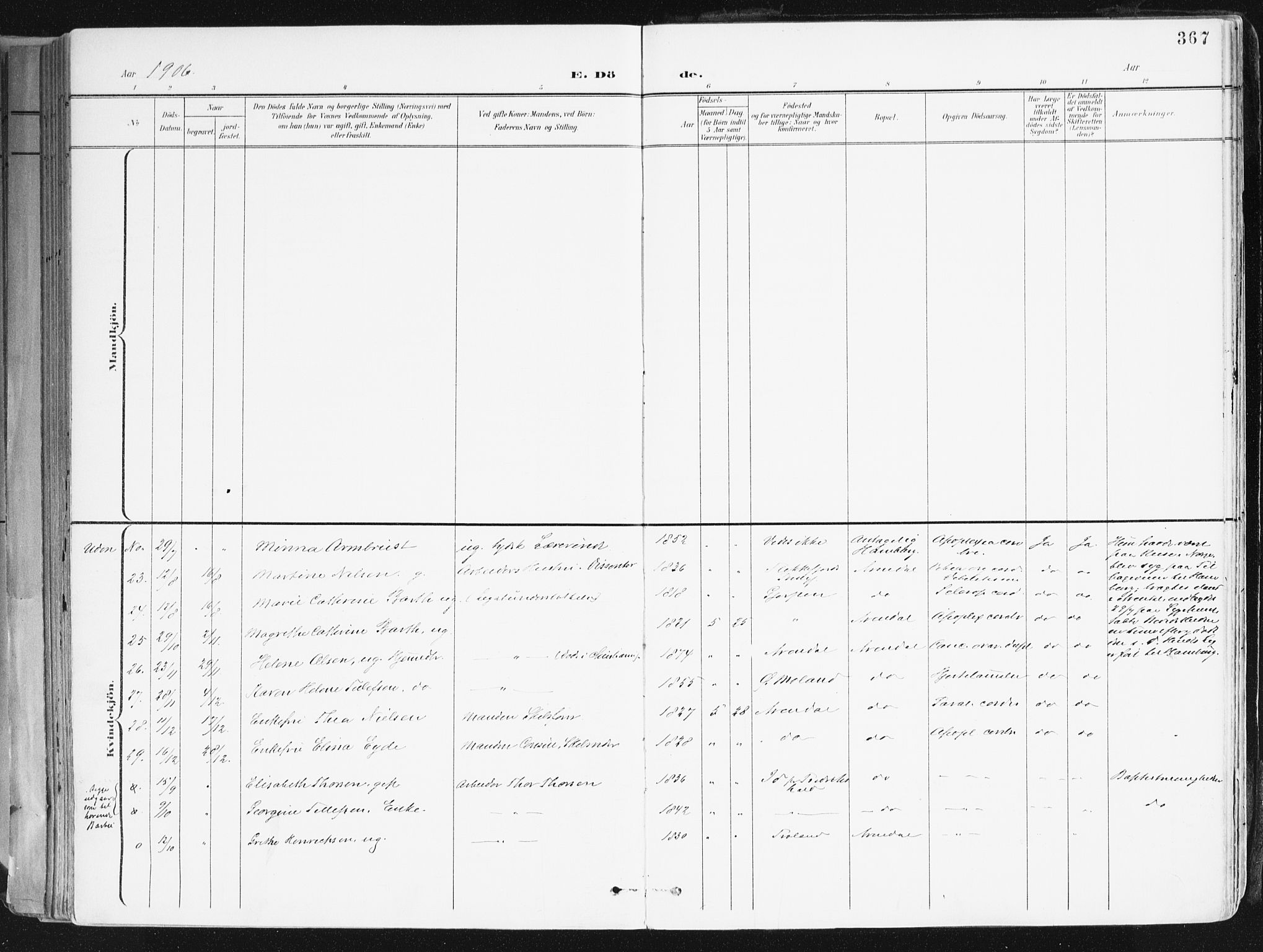 Arendal sokneprestkontor, Trefoldighet, AV/SAK-1111-0040/F/Fa/L0010: Parish register (official) no. A 10, 1900-1919, p. 367